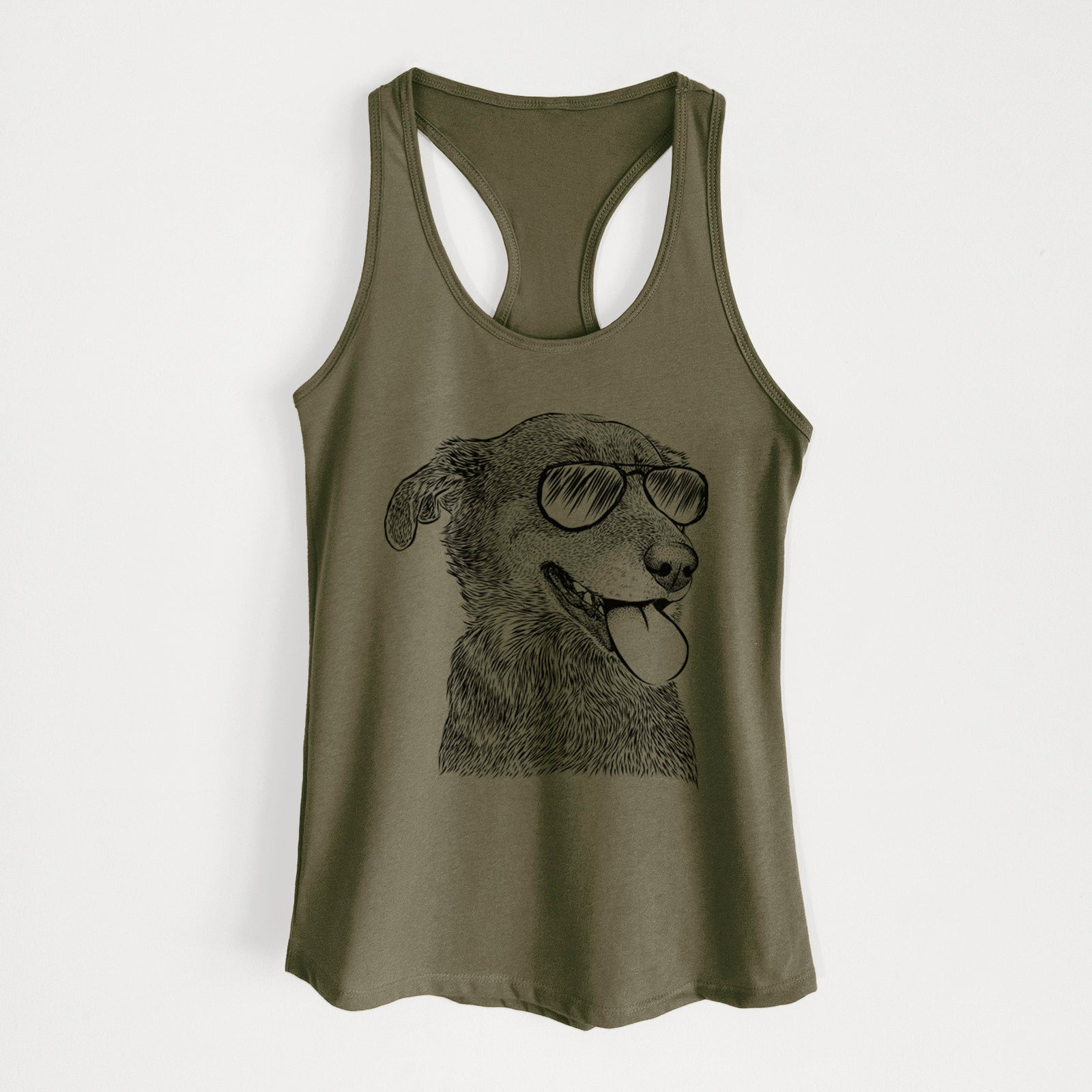 Hand-drawn sketch of Daisy the Australian Shepherd Mix wearing aviator sunglasses on a Military Green Women's racerback tanktop