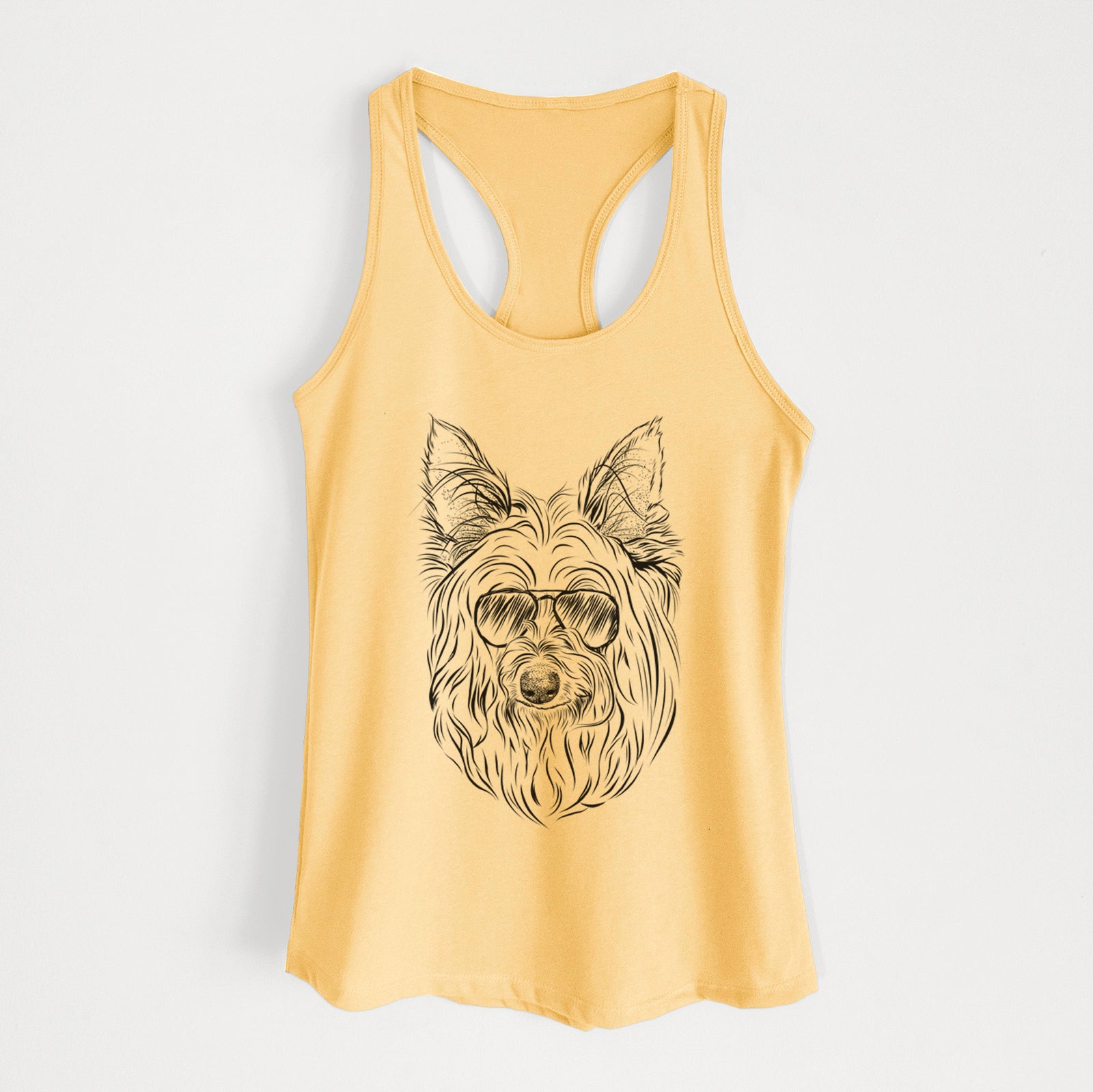Hand-drawn sketch of Daisy May the Silky Terrier wearing aviator sunglasses on a Banana Cream Women's racerback tanktop