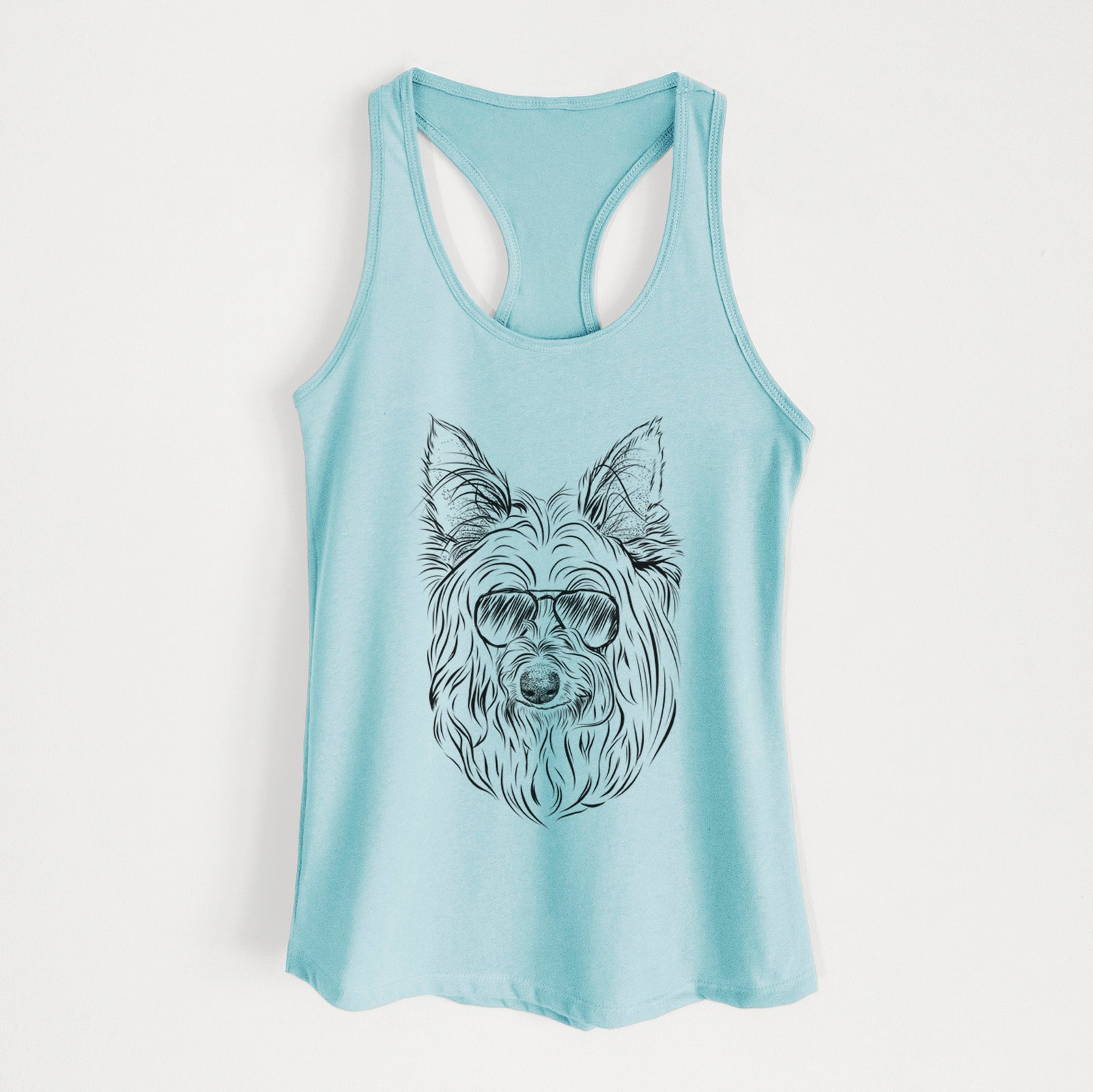 Hand-drawn sketch of Daisy May the Silky Terrier wearing aviator sunglasses on a Cancun Blue Women's racerback tanktop