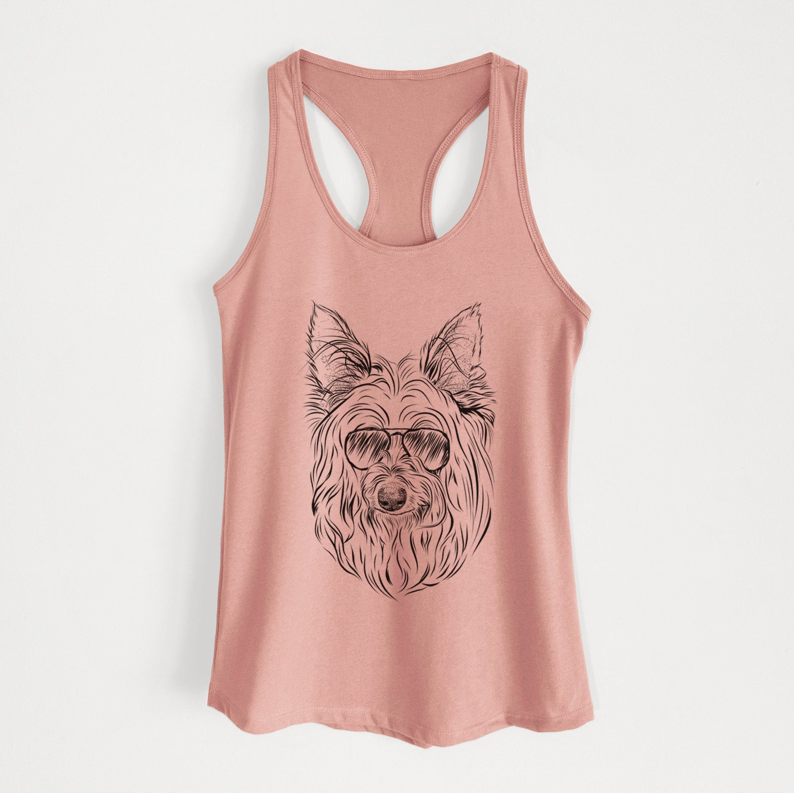 Hand-drawn sketch of Daisy May the Silky Terrier wearing aviator sunglasses on a Desert Pink Women's racerback tanktop