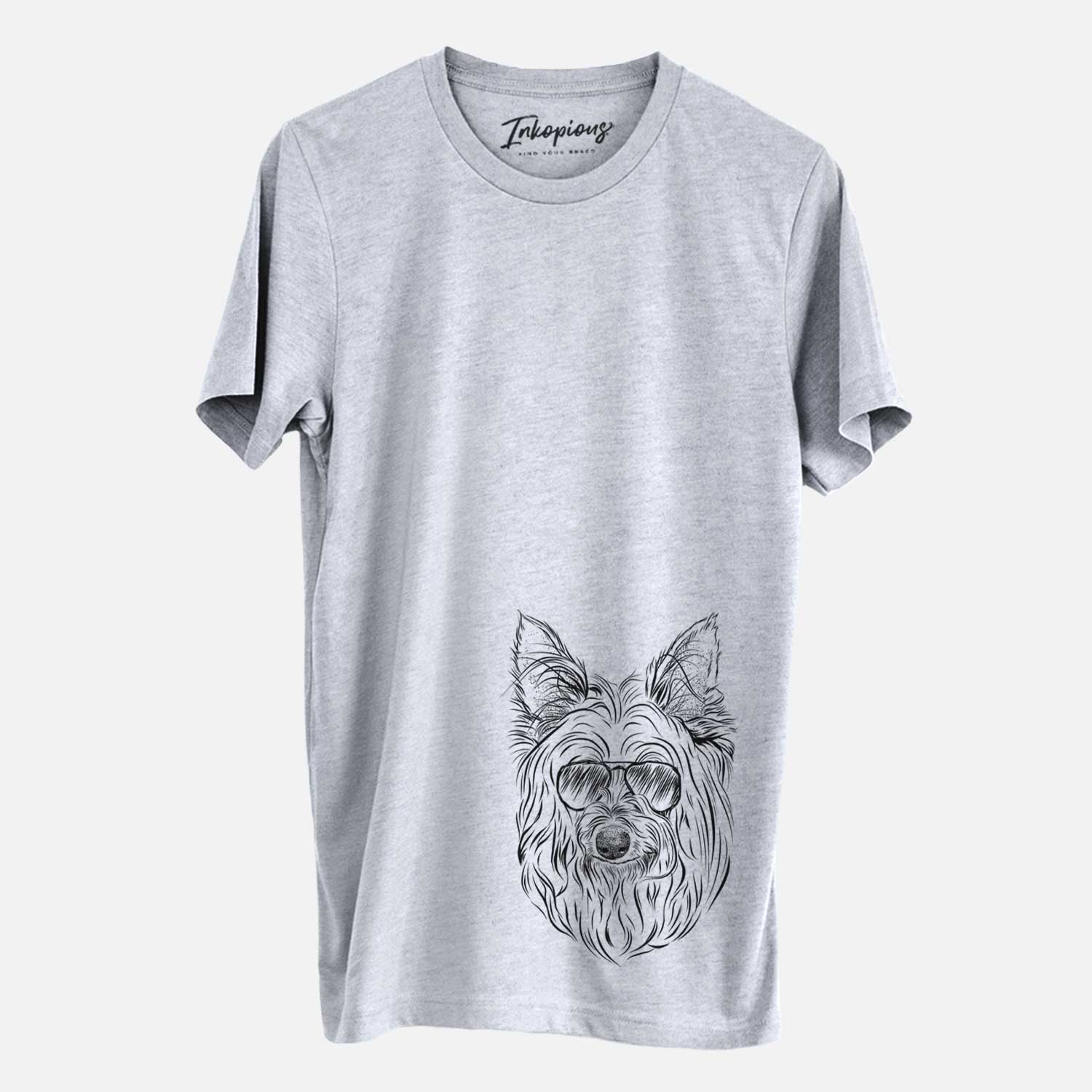 Hand-drawn sketch of Daisy May the Silky Terrier wearing aviator sunglasses on a Grey Unisex crewneck