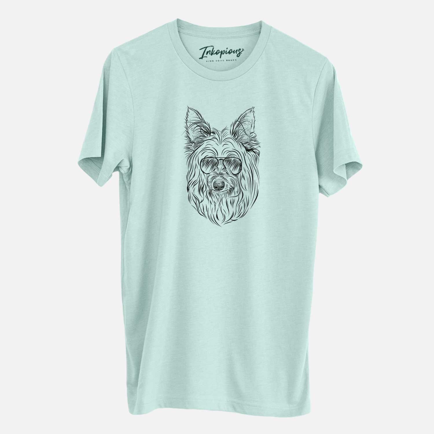 Hand-drawn sketch of Daisy May the Silky Terrier wearing aviator sunglasses on a Heather Sage Unisex crewneck