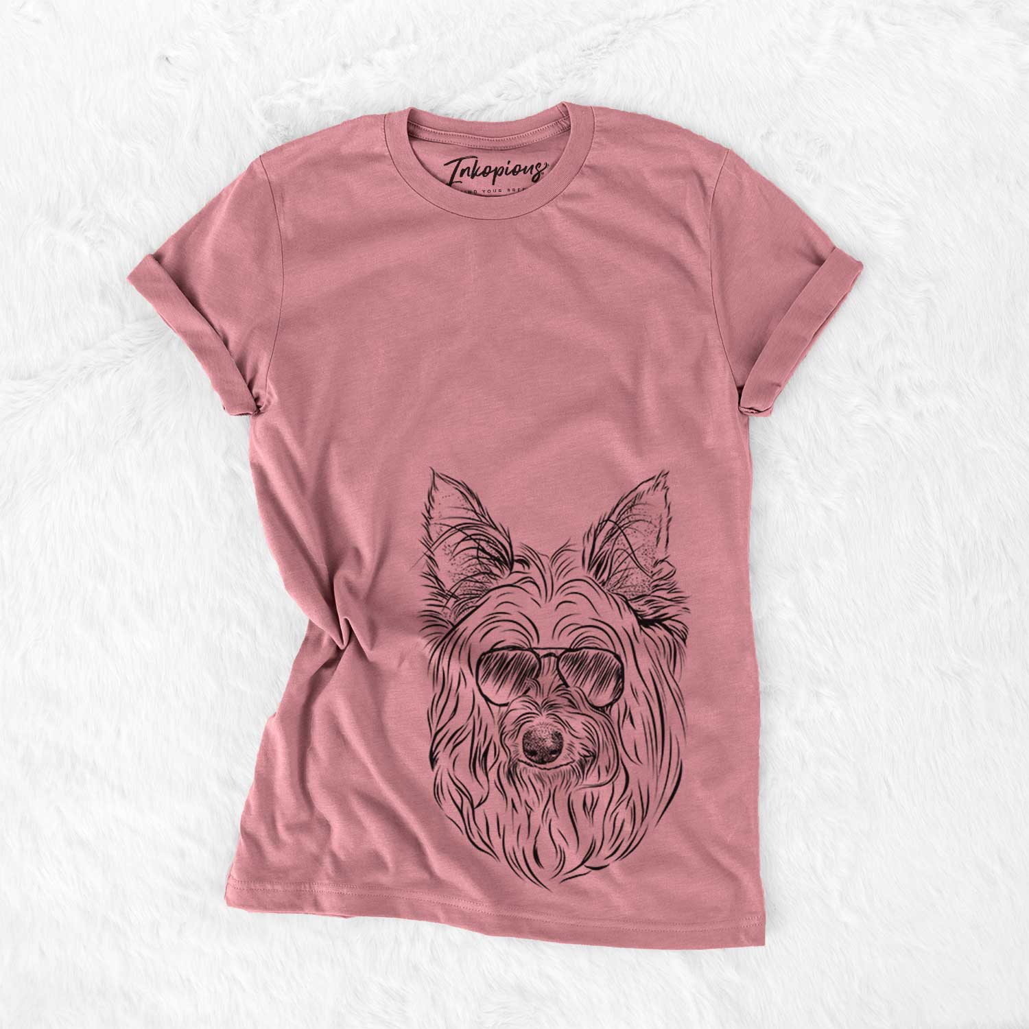 Hand-drawn sketch of Daisy May the Silky Terrier wearing aviator sunglasses on a Mauve Bella Canvas Unisex Crewneck