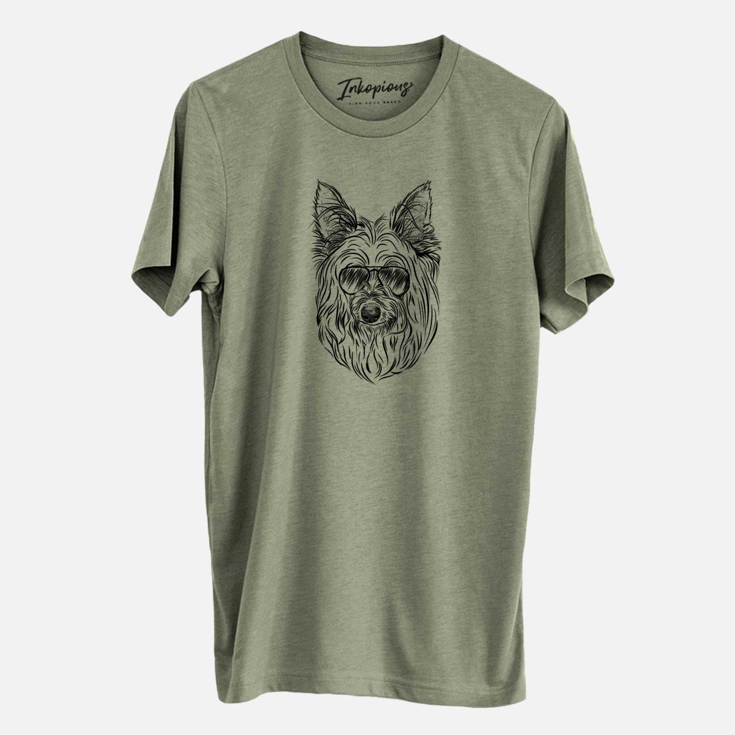Hand-drawn sketch of Daisy May the Silky Terrier wearing aviator sunglasses on an Olive Unisex crewneck