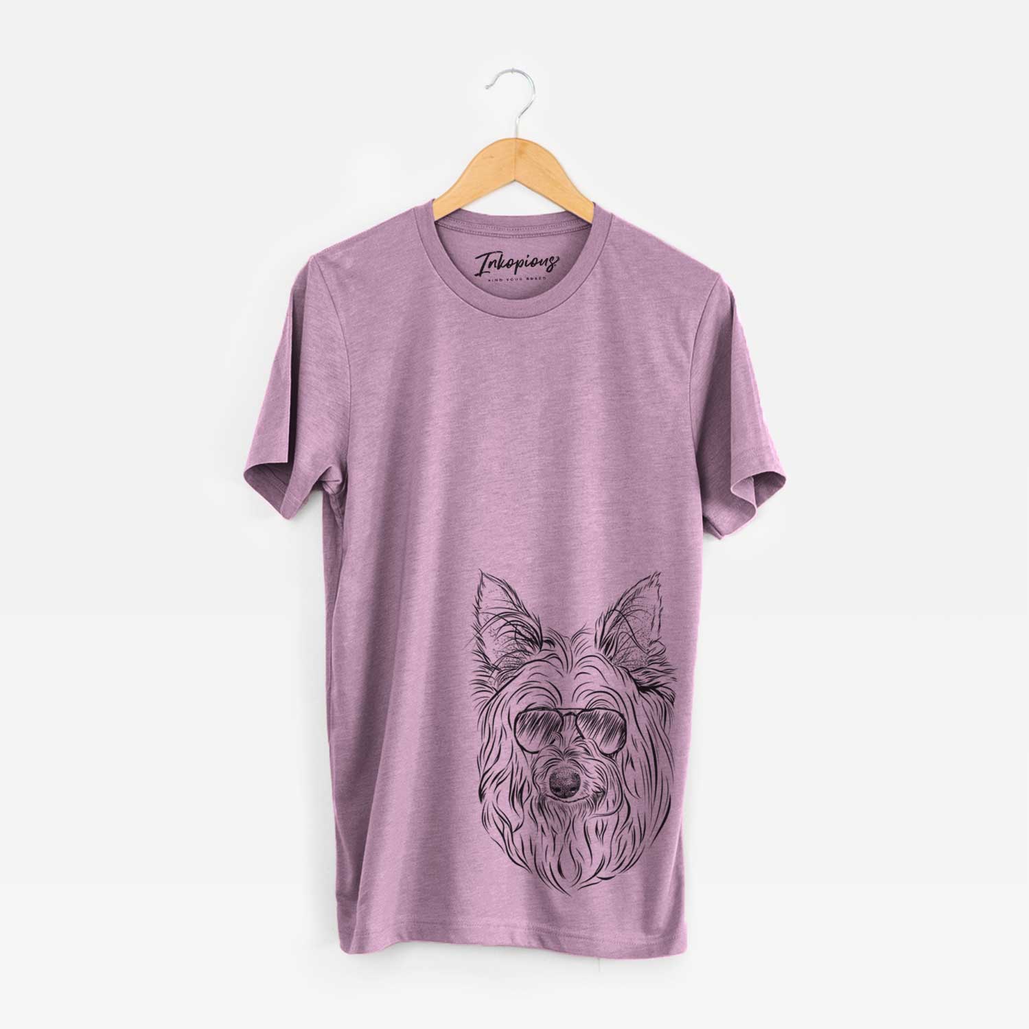 Hand-drawn sketch of Daisy May the Silky Terrier wearing aviator sunglasses on an Orchid Unisex crewneck