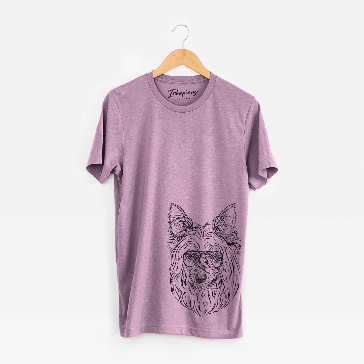 Hand-drawn sketch of Daisy May the Silky Terrier wearing aviator sunglasses on an Orchid Bella Canvas Unisex Crewneck