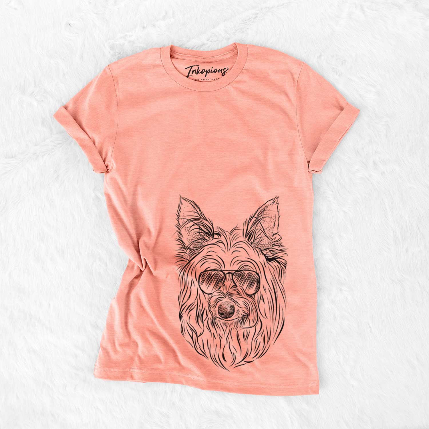 Hand-drawn sketch of Daisy May the Silky Terrier wearing aviator sunglasses on a Sunset Bella Canvas Unisex Crewneck