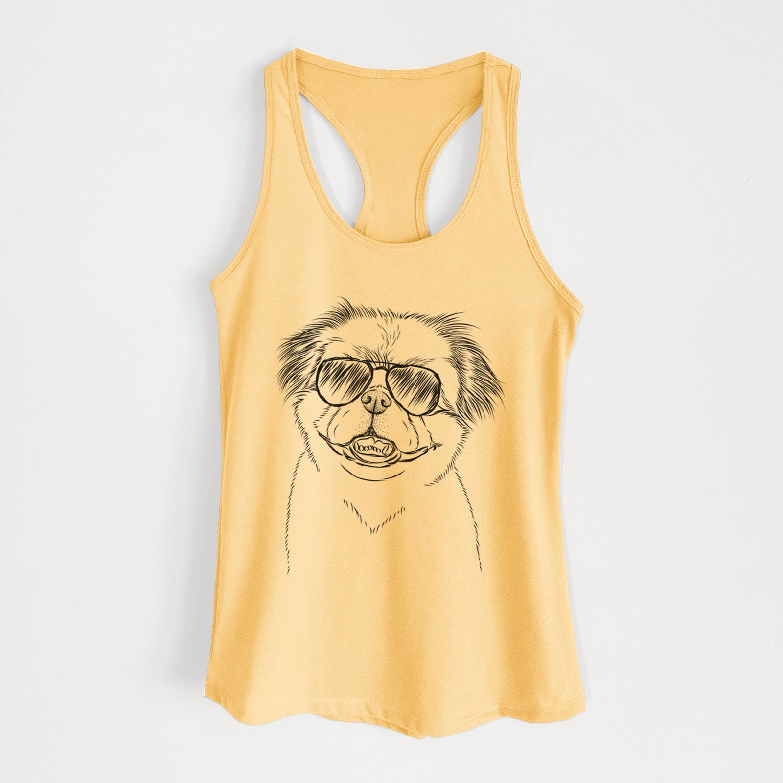 Hand-drawn sketch of Danny the Pekingese wearing aviator sunglasses on a Banana Cream Women's racerback tanktop