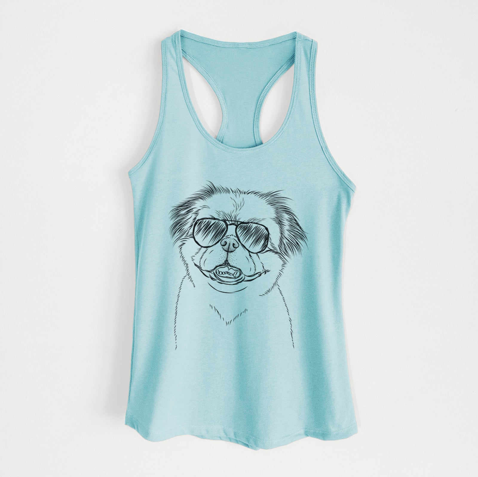 Hand-drawn sketch of Danny the Pekingese wearing aviator sunglasses on a Cancun Blue Women's racerback tanktop