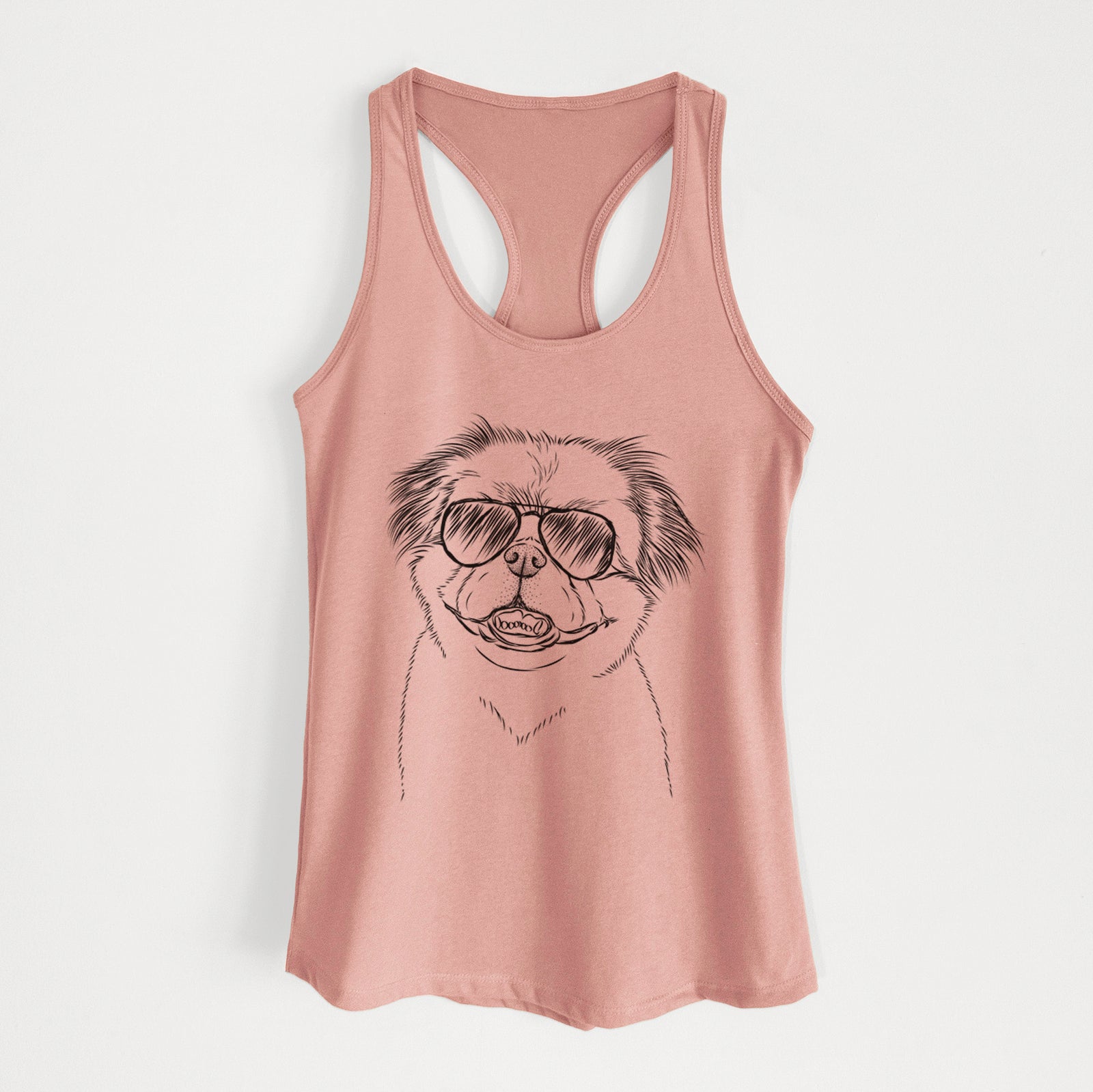 Hand-drawn sketch of Danny the Pekingese wearing aviator sunglasses on a Desert Pink Women's racerback tanktop