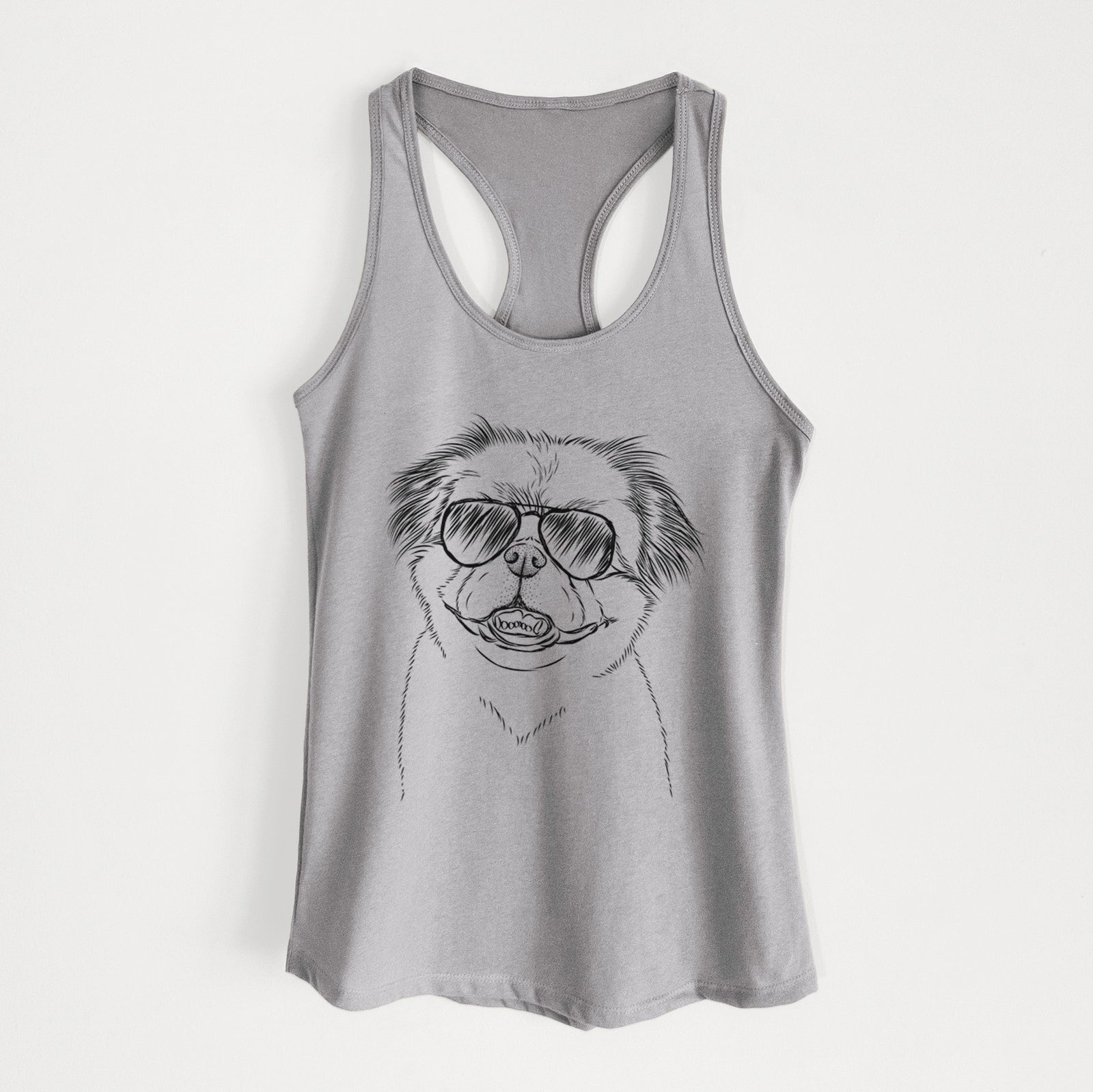 Hand-drawn sketch of Danny the Pekingese wearing aviator sunglasses on a Heather Grey Women's racerback tanktop