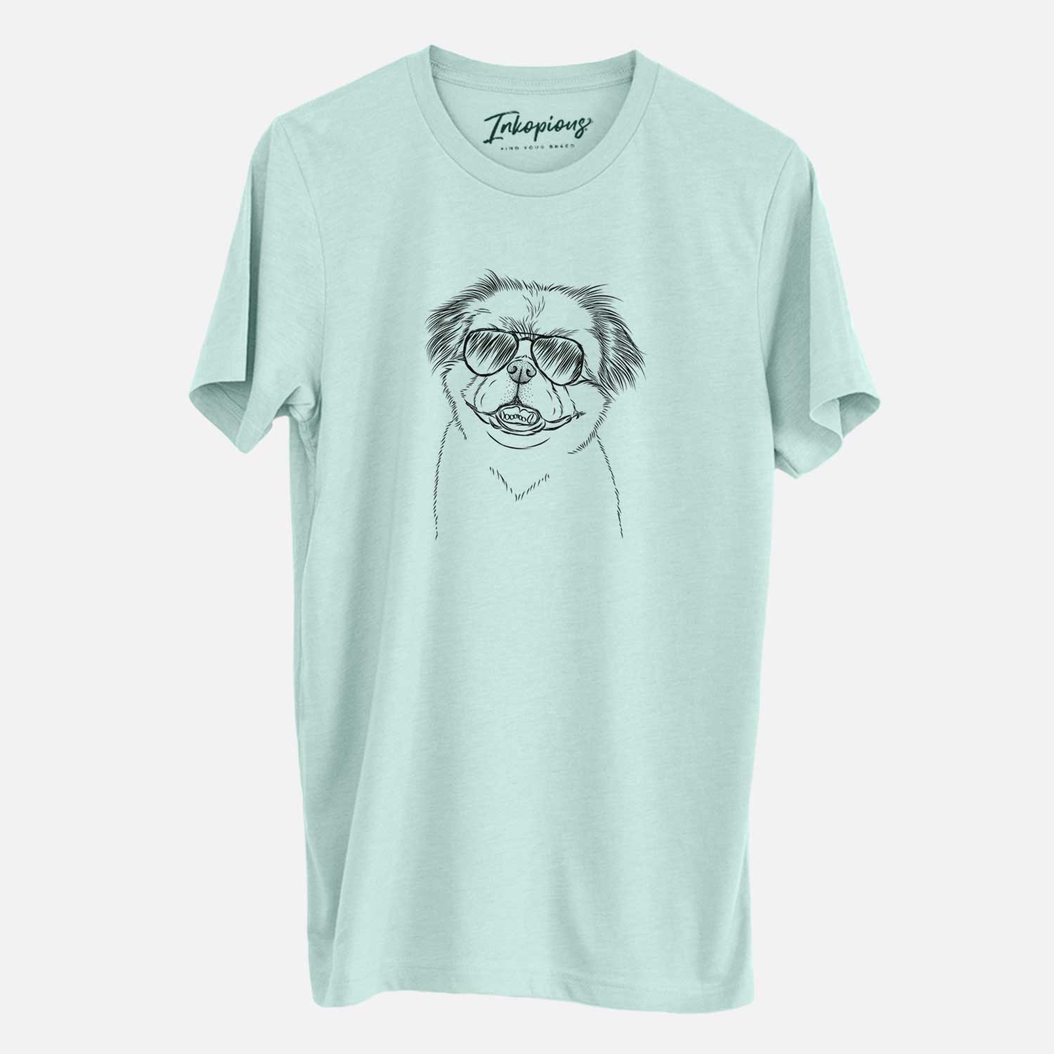 Hand-drawn sketch of Danny the Pekingese wearing aviator sunglasses on a Heather Sage Unisex crewneck
