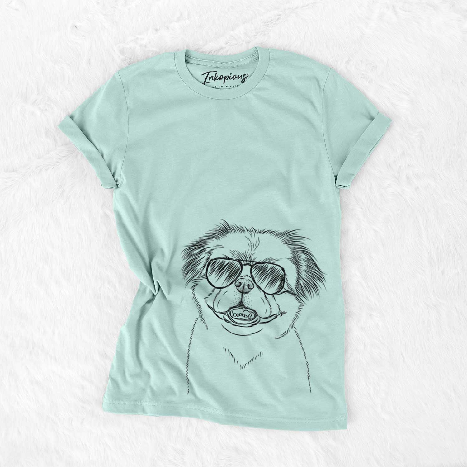 Hand-drawn sketch of Danny the Pekingese wearing aviator sunglasses on a Heather Sage Unisex crewneck