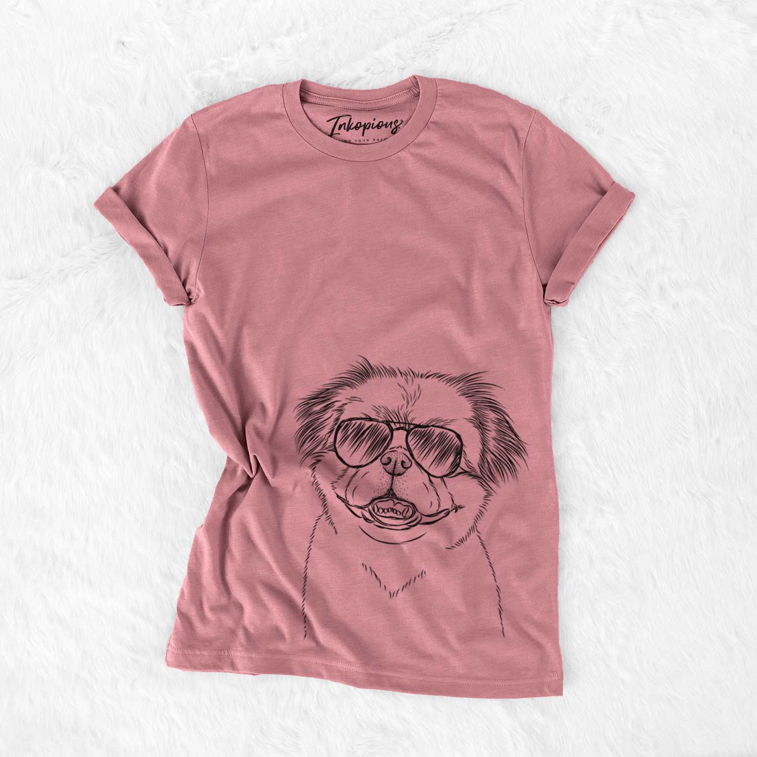 Hand-drawn sketch of Danny the Pekingese wearing aviator sunglasses on a Mauve Unisex crewneck
