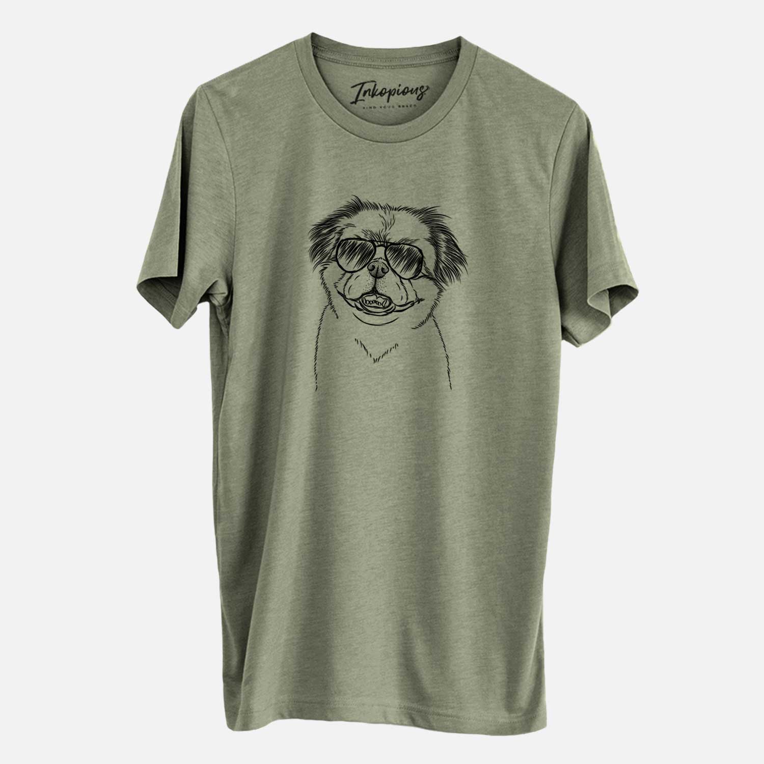 Hand-drawn sketch of Danny the Pekingese wearing aviator sunglasses on an Olive Unisex crewneck