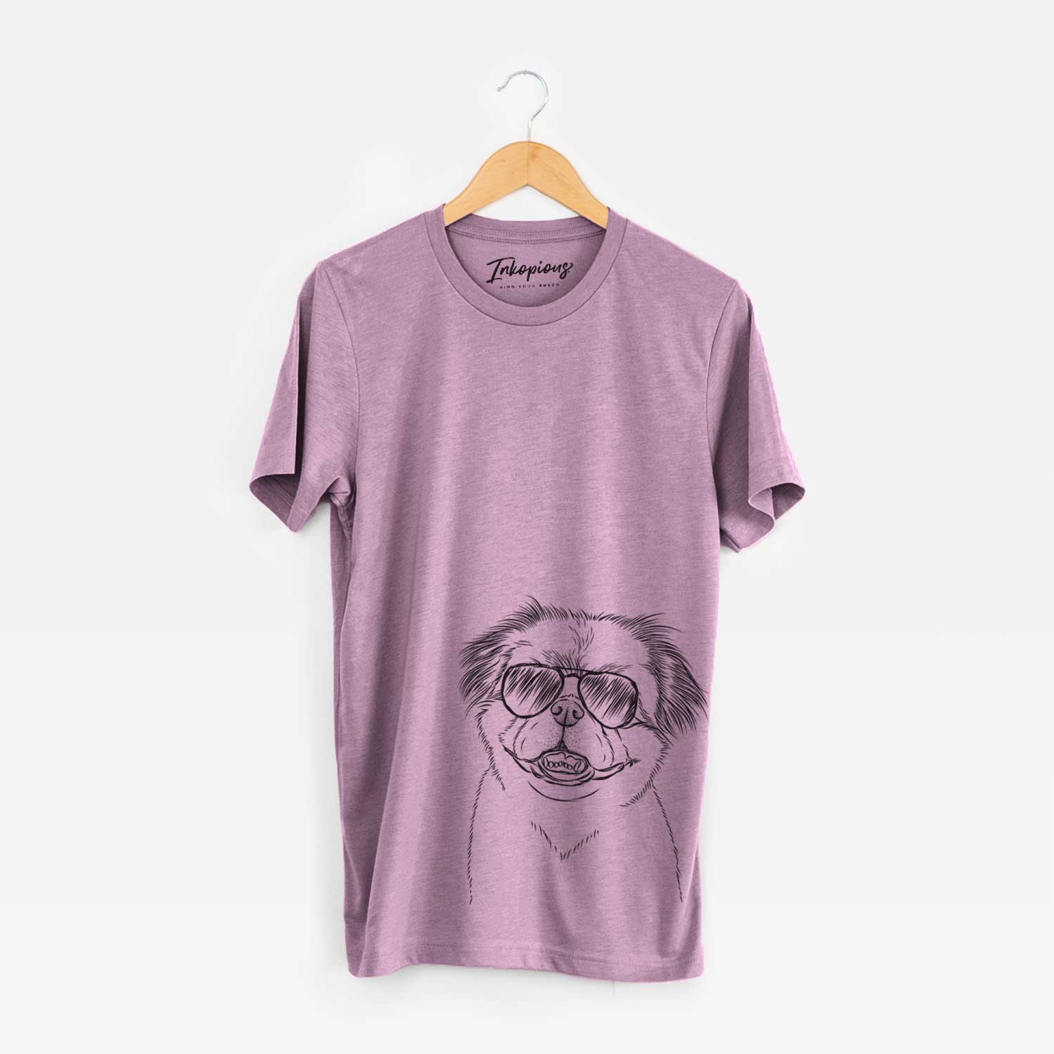 Hand-drawn sketch of Danny the Pekingese wearing aviator sunglasses on an Orchid Unisex crewneck
