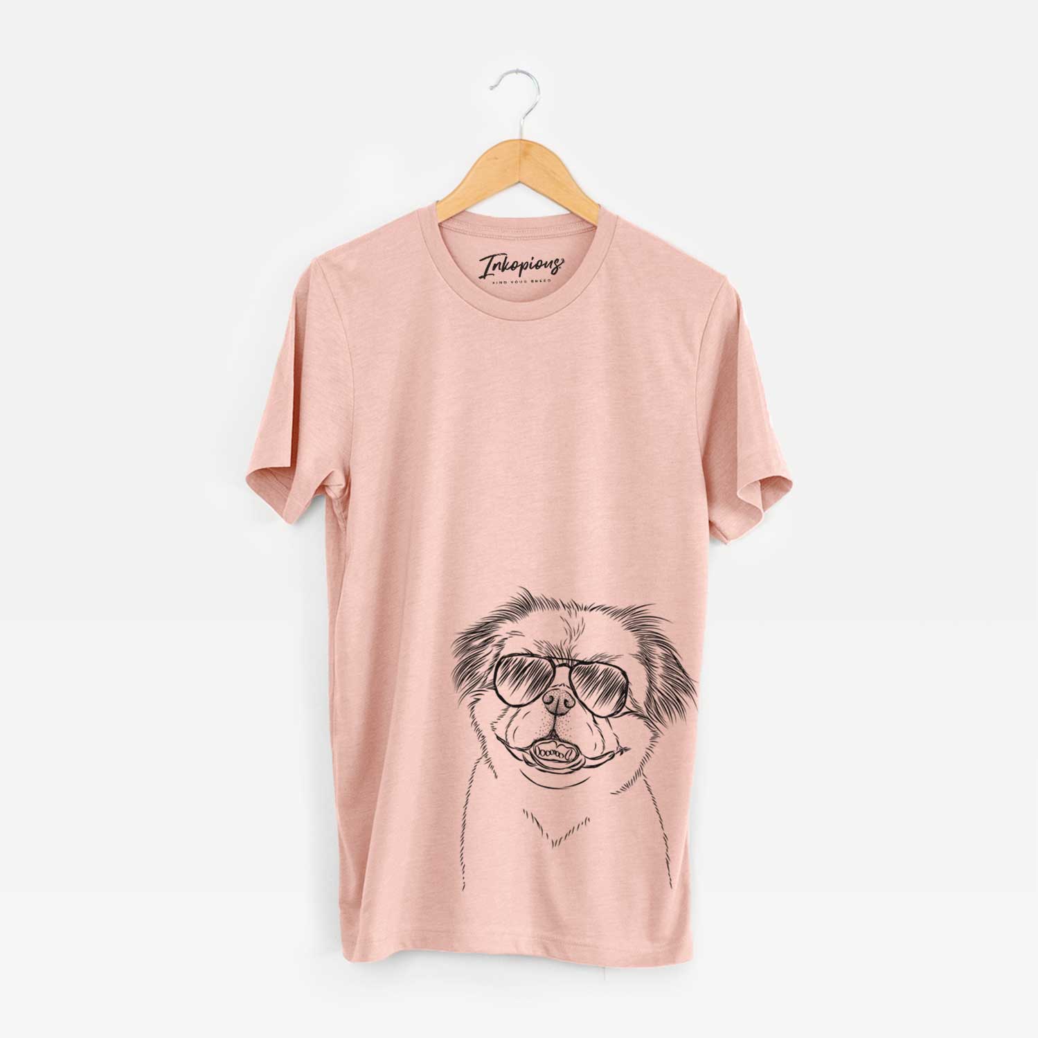Hand-drawn sketch of Danny the Pekingese wearing aviator sunglasses on a Peach Unisex crewneck