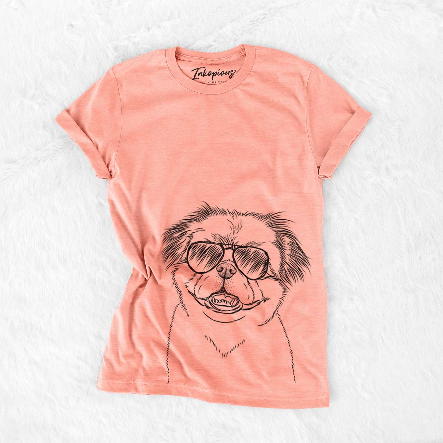 Hand-drawn sketch of Danny the Pekingese wearing aviator sunglasses on a Sunset Bella Canvas Unisex Crewneck