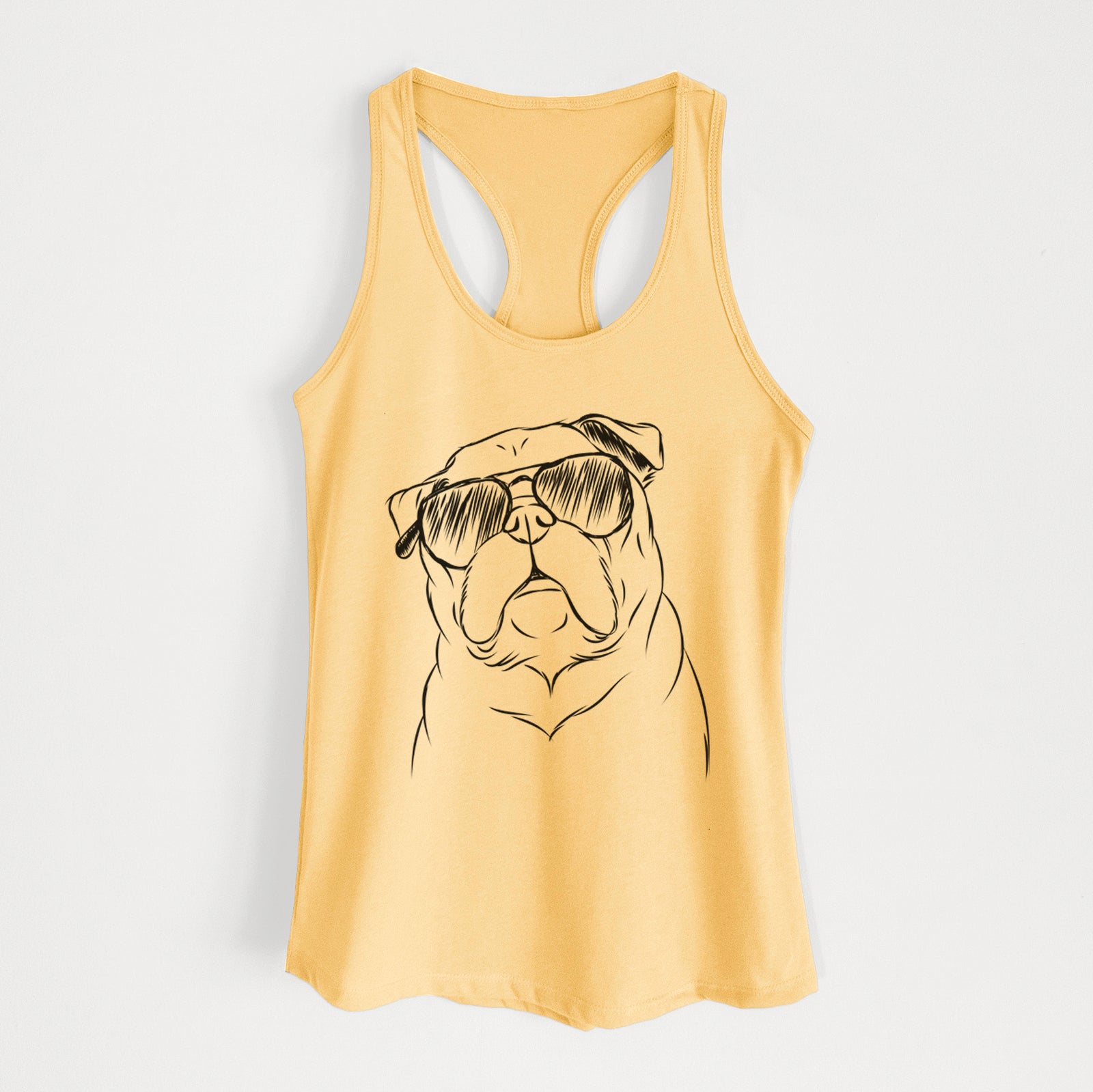 Hand-drawn sketch of Darling Chloe the Pug wearing aviator sunglasses on a Banana Cream Women's racerback tanktop