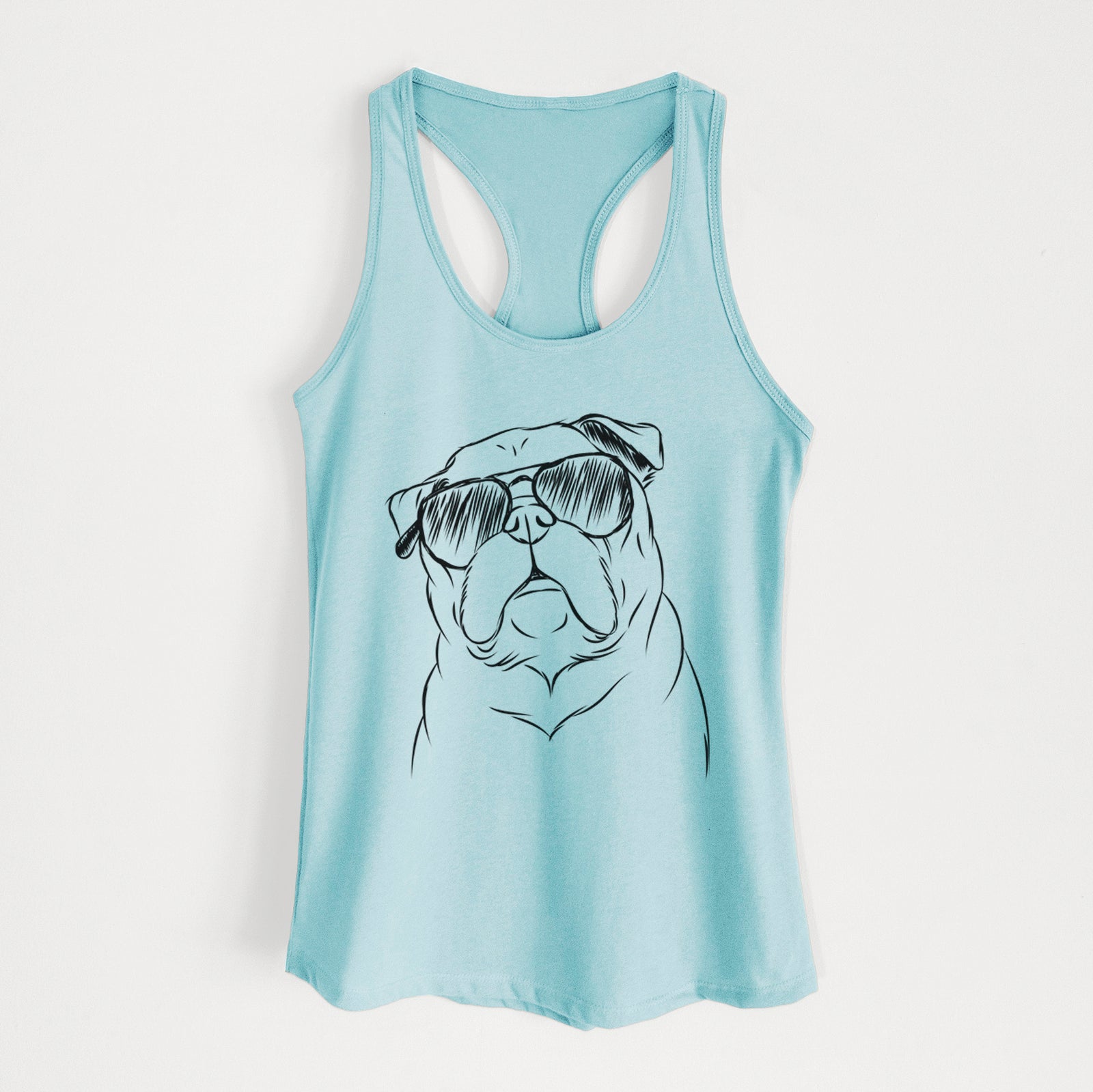 Hand-drawn sketch of Darling Chloe the Pug wearing aviator sunglasses on a Cancun Blue Women's racerback tanktop