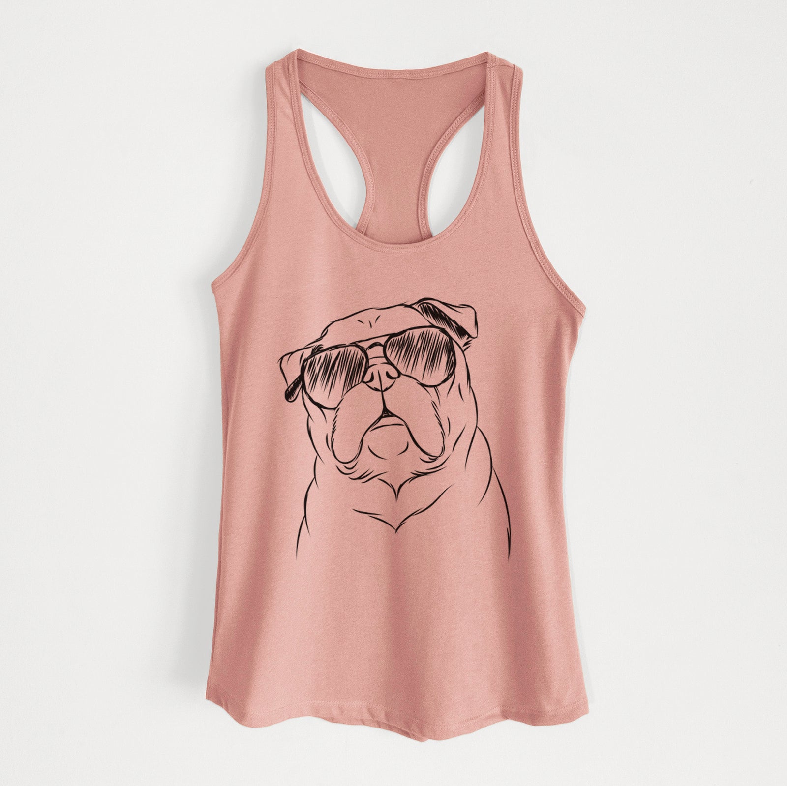 Hand-drawn sketch of Darling Chloe the Pug wearing aviator sunglasses on a Desert Pink Women's racerback tanktop