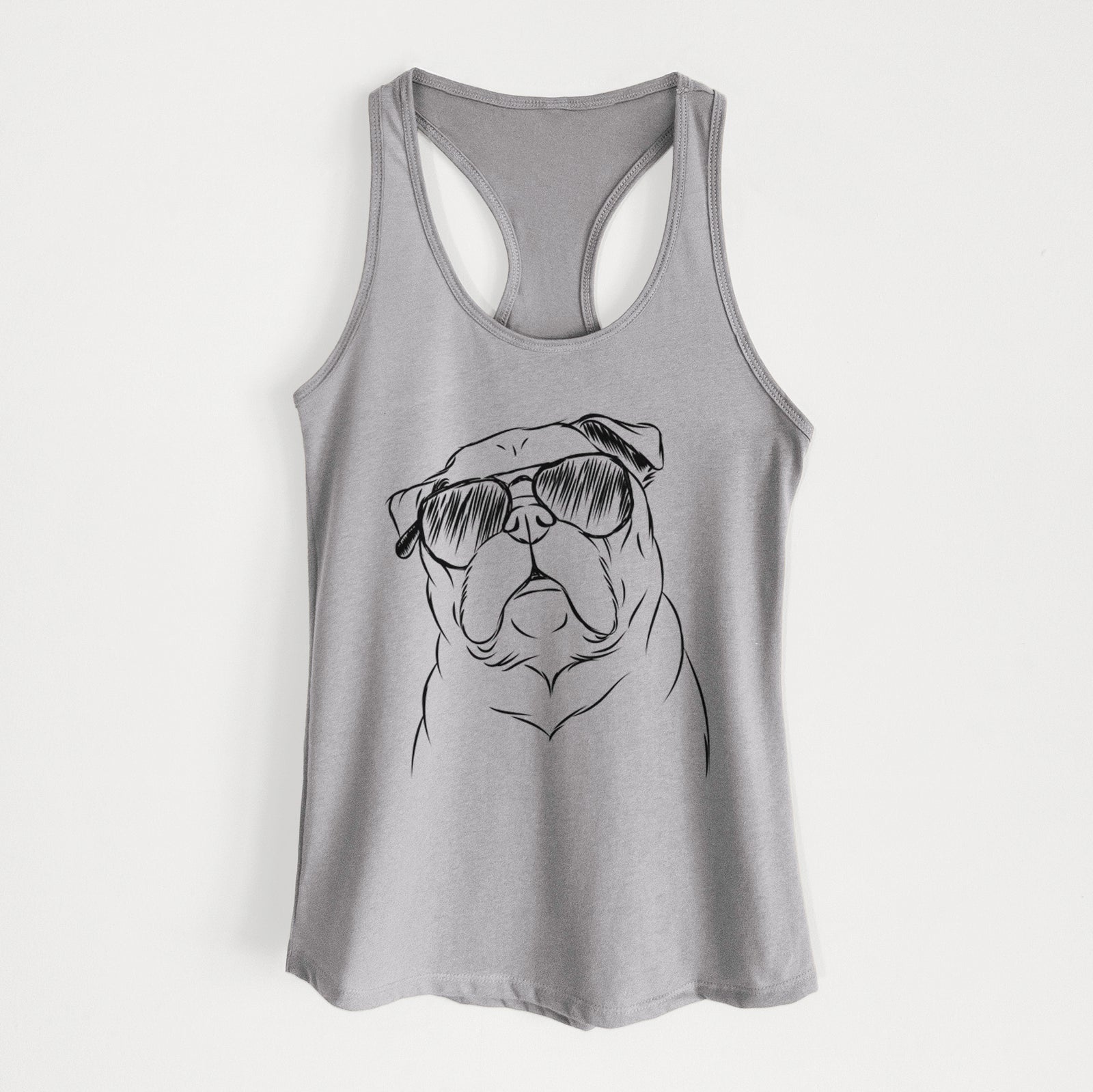 Hand-drawn sketch of Darling Chloe the Pug wearing aviator sunglasses on a Heather Grey Women's racerback tanktop
