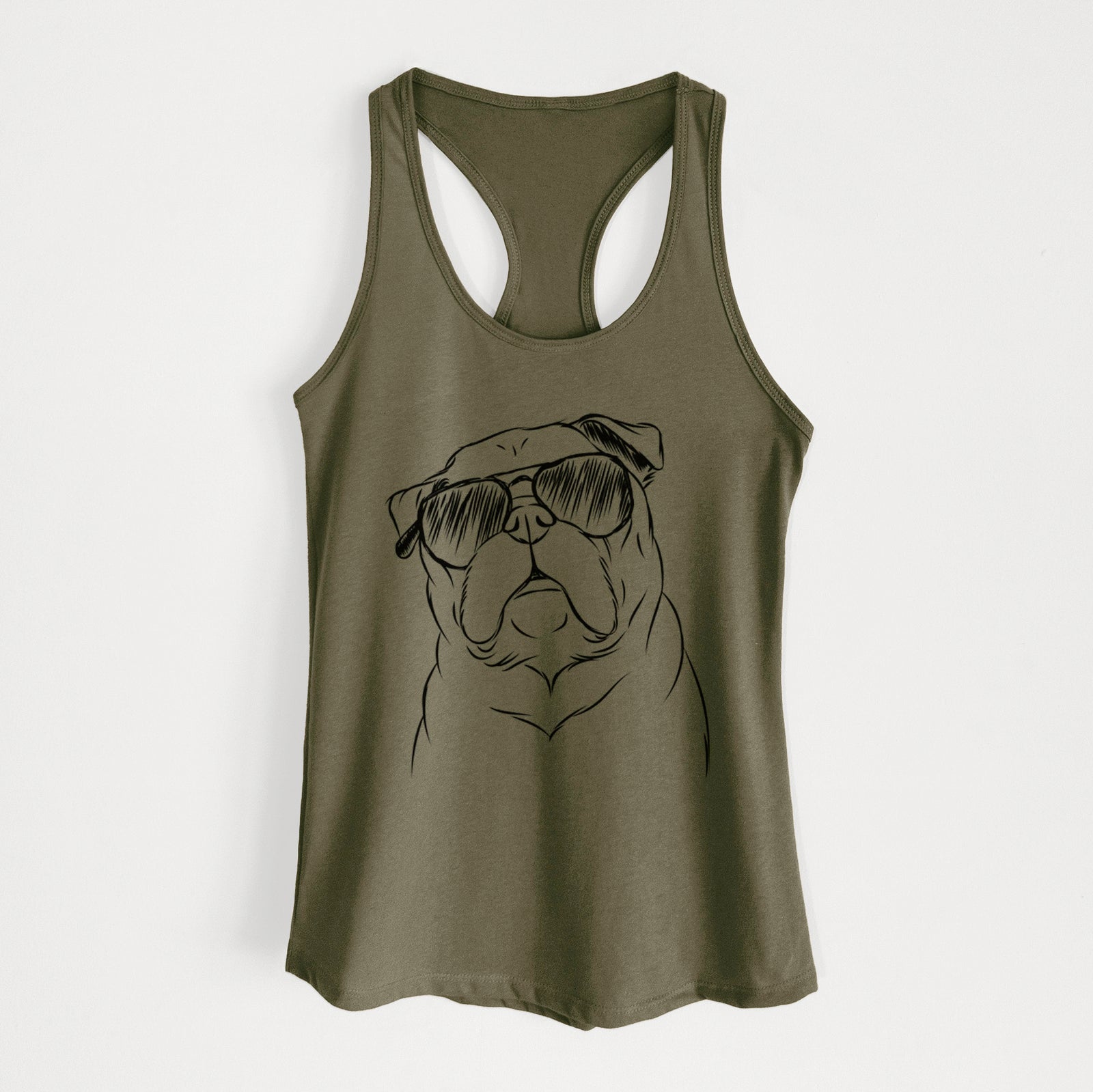 Hand-drawn sketch of Darling Chloe the Pug wearing aviator sunglasses on a Military Green Women's racerback tanktop
