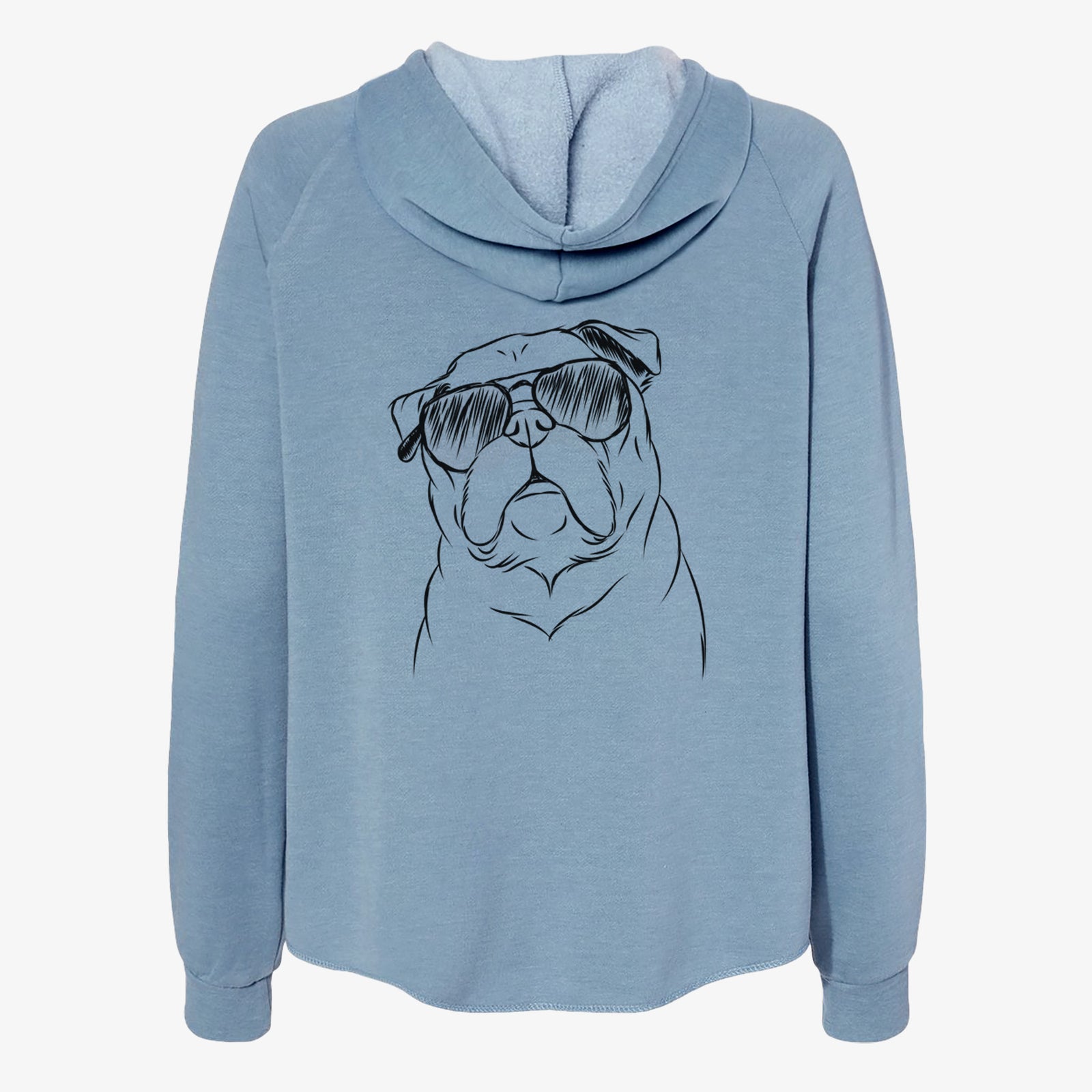 Hand-drawn sketch of Darling Chloe the Pug wearing aviator sunglasses on a Misty Blue Women's cali wave zip-up sweatshirt