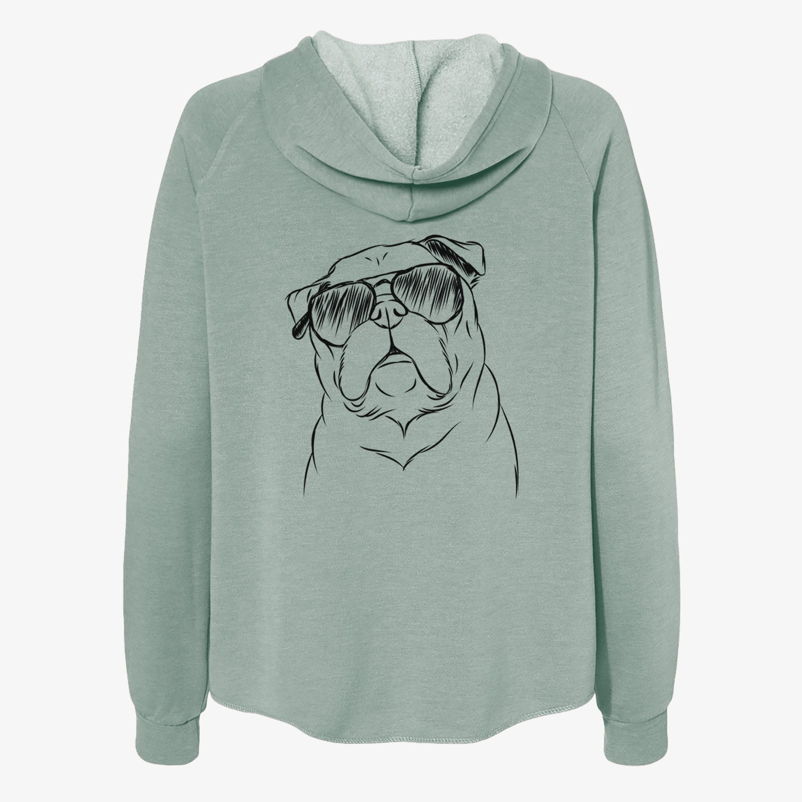 Hand-drawn sketch of Darling Chloe the Pug wearing aviator sunglasses on a Sage Women's cali wave zip-up sweatshirt
