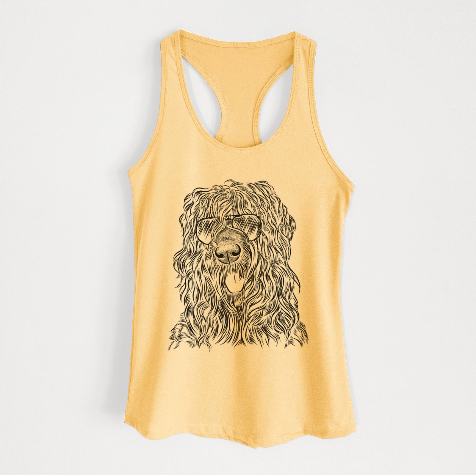 Hand-drawn sketch of Darryl the Black Russian Terrier wearing aviator sunglasses on a Banana Cream Women's racerback tanktop