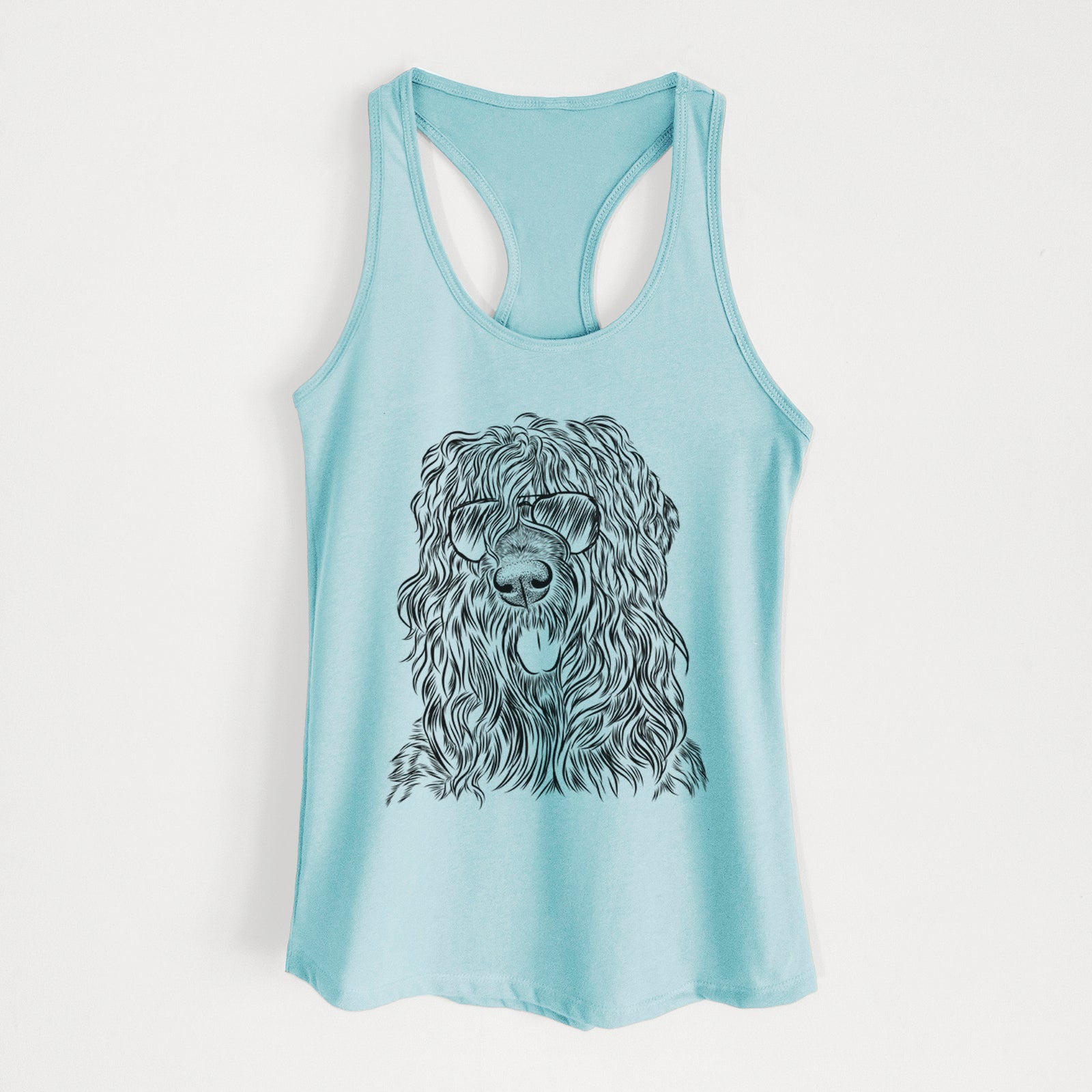 Hand-drawn sketch of Darryl the Black Russian Terrier wearing aviator sunglasses on a Cancun Blue Women's racerback tanktop