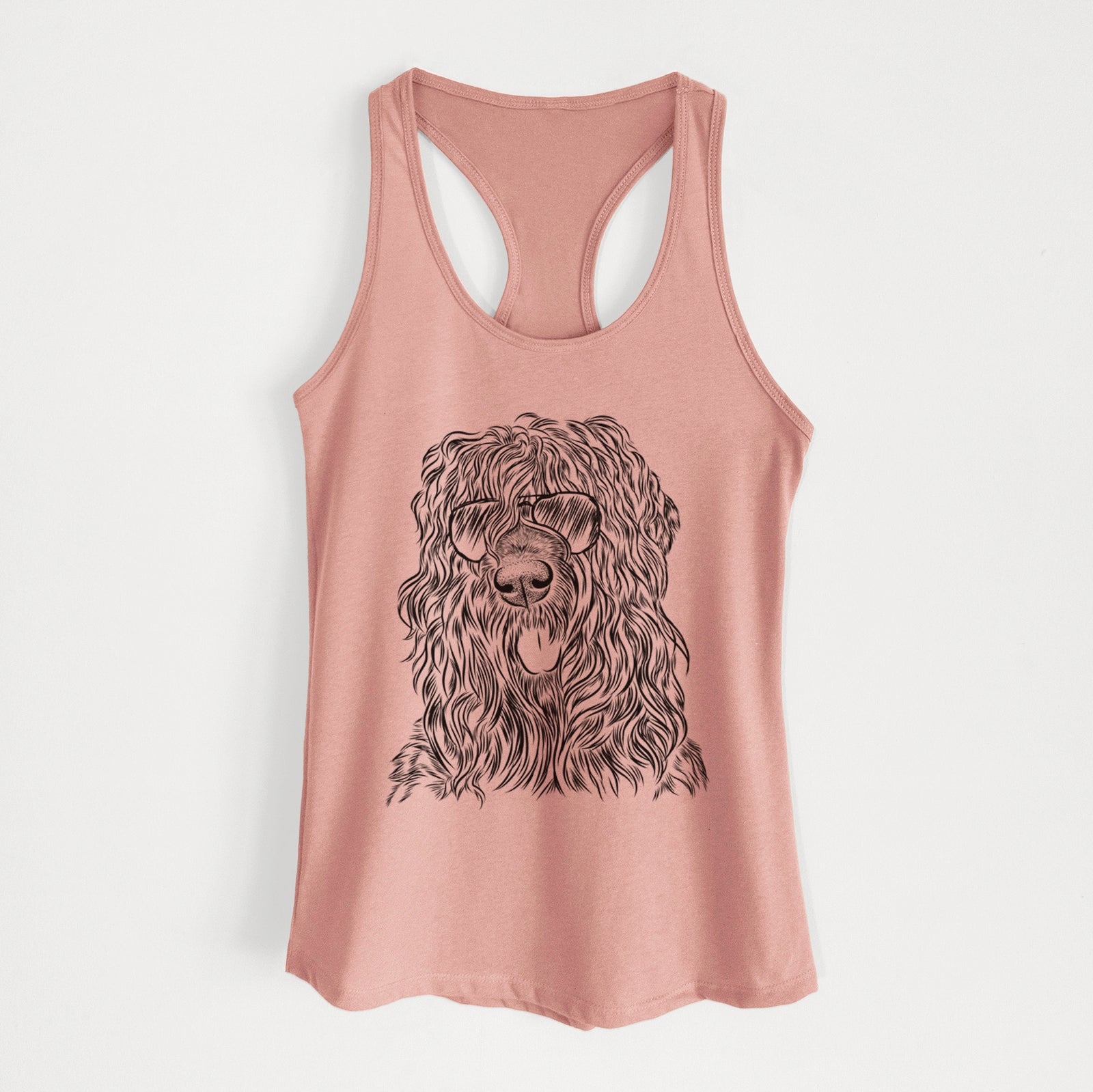 Hand-drawn sketch of Darryl the Black Russian Terrier wearing aviator sunglasses on a Desert Pink Women's racerback tanktop