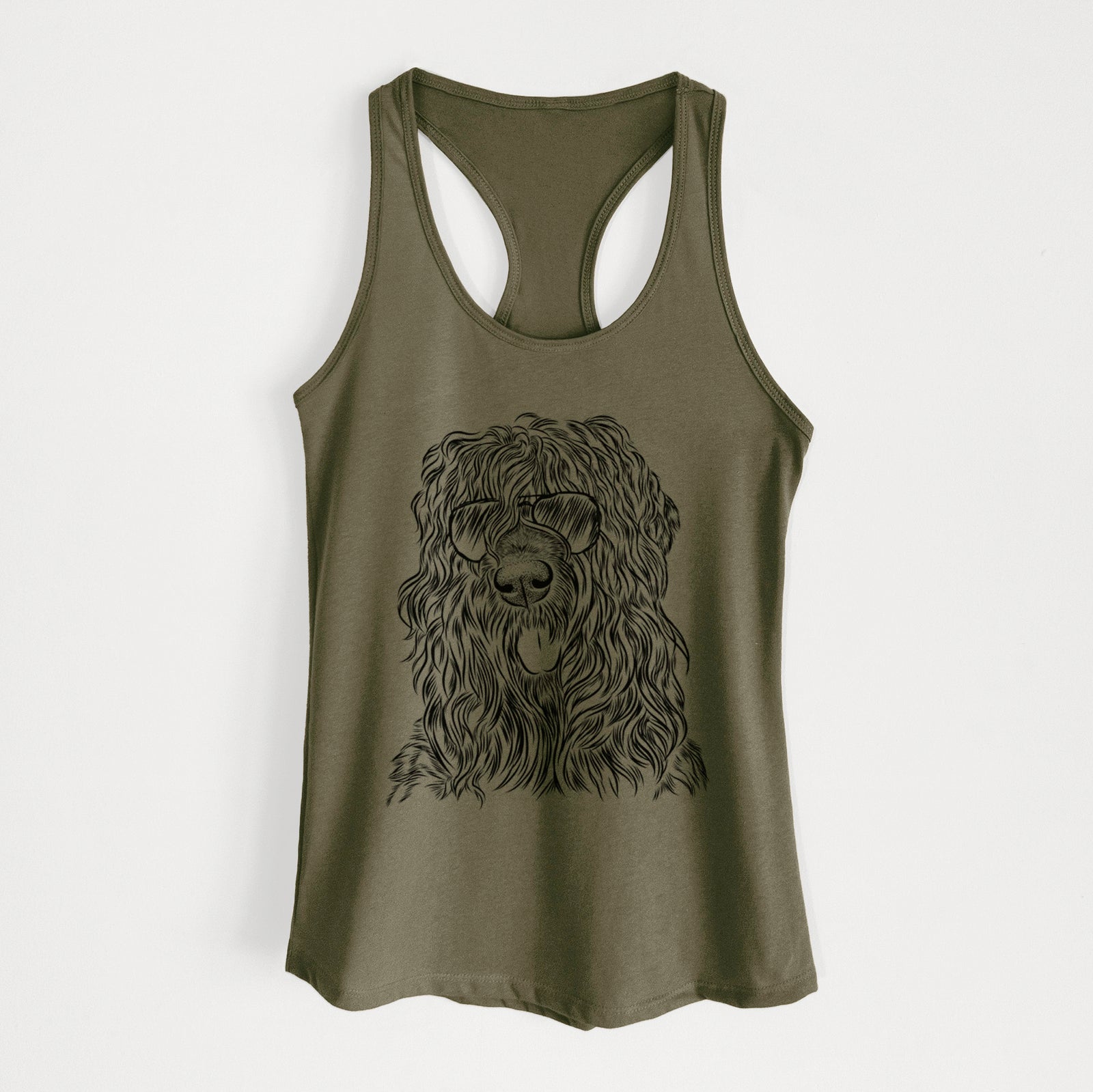 Hand-drawn sketch of Darryl the Black Russian Terrier wearing aviator sunglasses on a Military Green Women's racerback tanktop