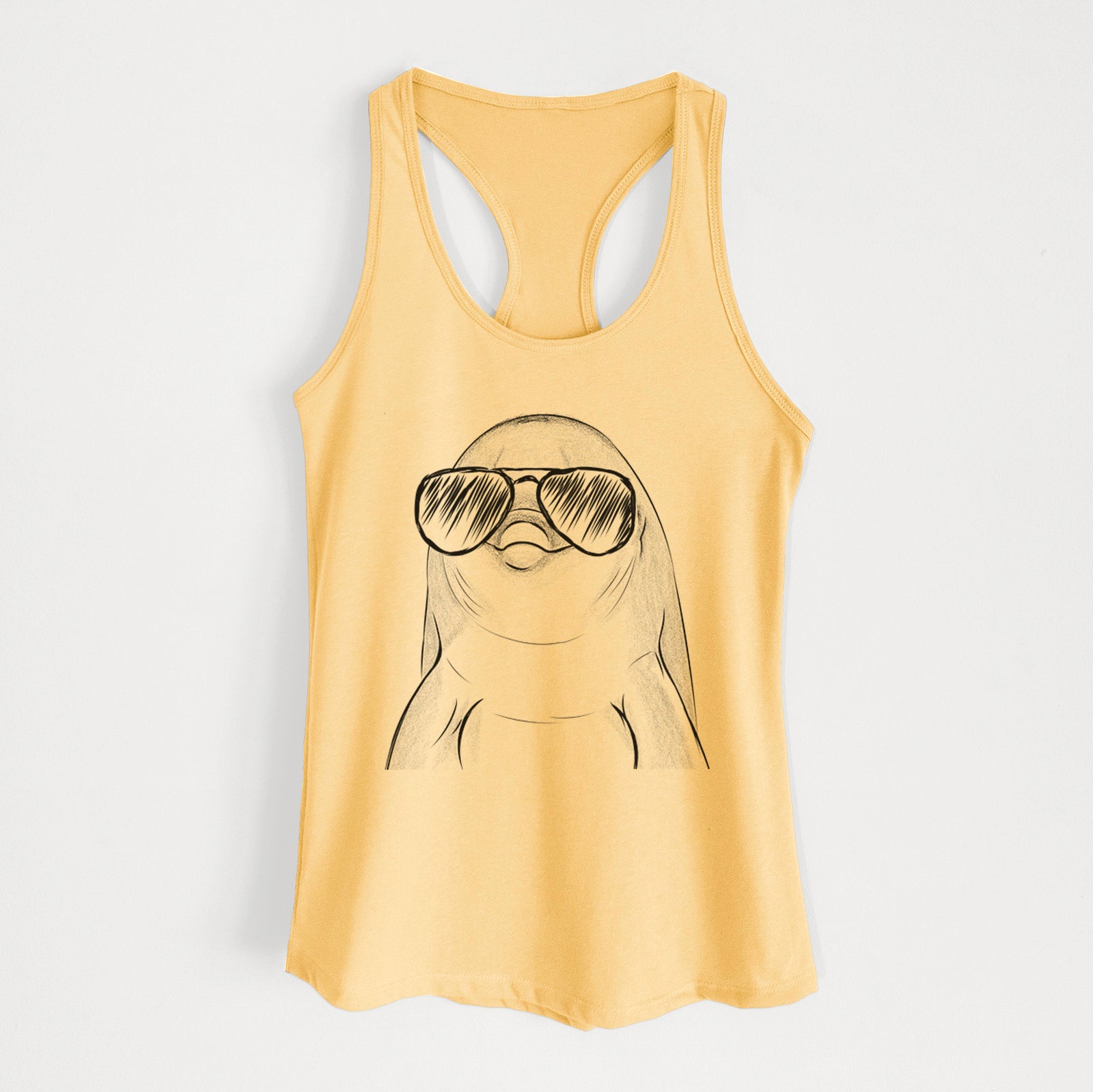 Hand-drawn sketch of Dave the Dolphin wearing aviator sunglasses on a Banana Cream Women's racerback tanktop