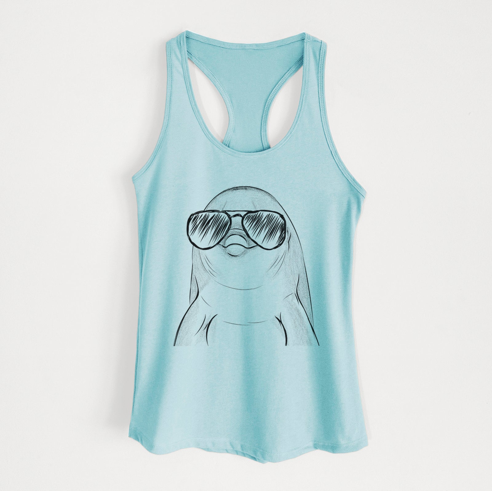 Hand-drawn sketch of Dave the Dolphin wearing aviator sunglasses on a Cancun Blue Women's racerback tanktop