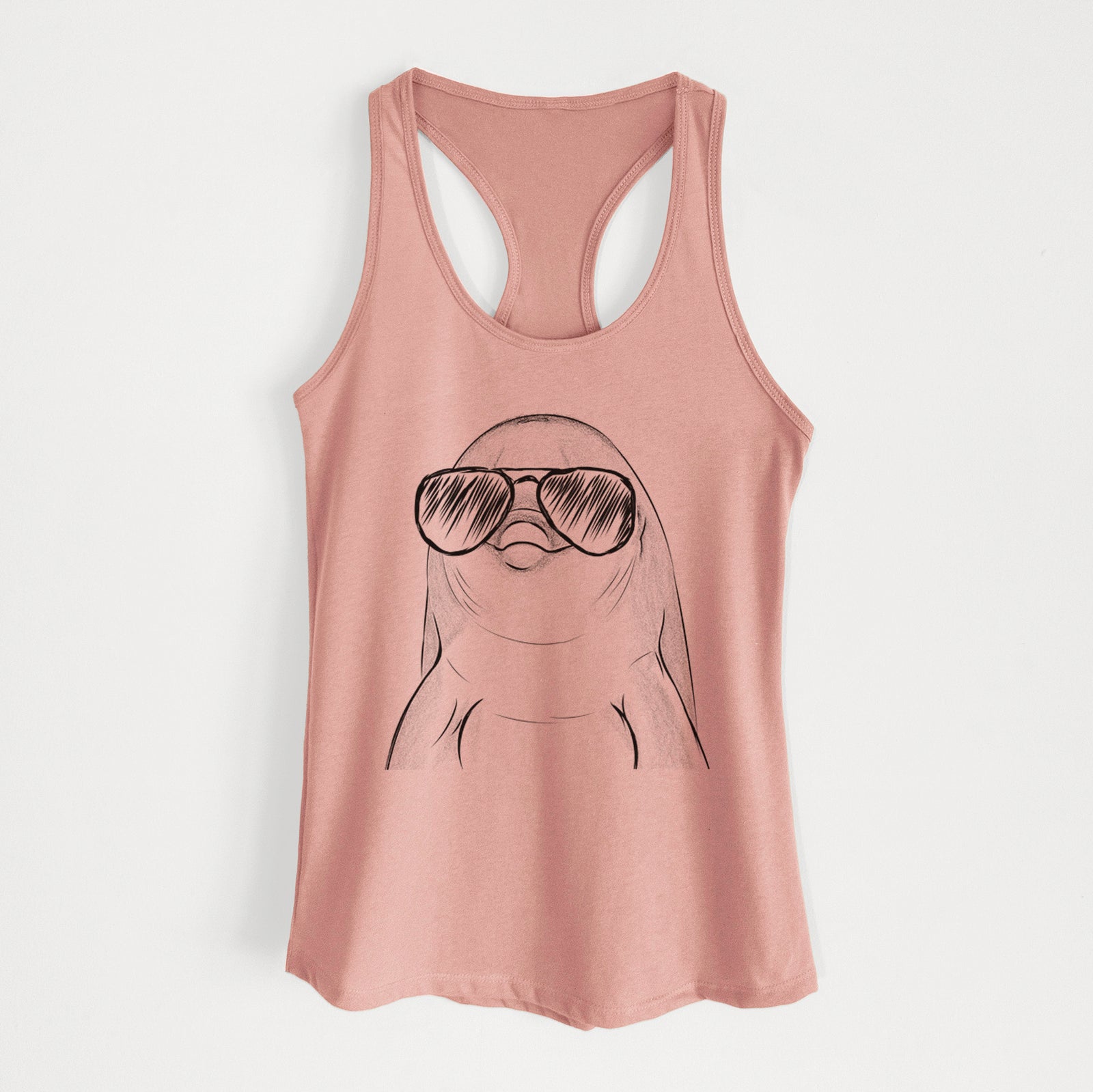 Hand-drawn sketch of Dave the Dolphin wearing aviator sunglasses on a Desert Pink Women's racerback tanktop