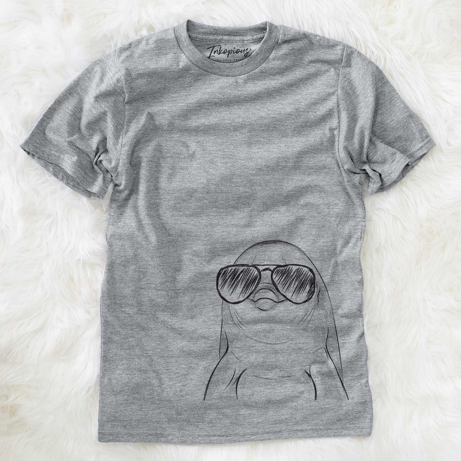 Hand-drawn sketch of Dave the Dolphin wearing aviator sunglasses on a Grey Unisex crewneck
