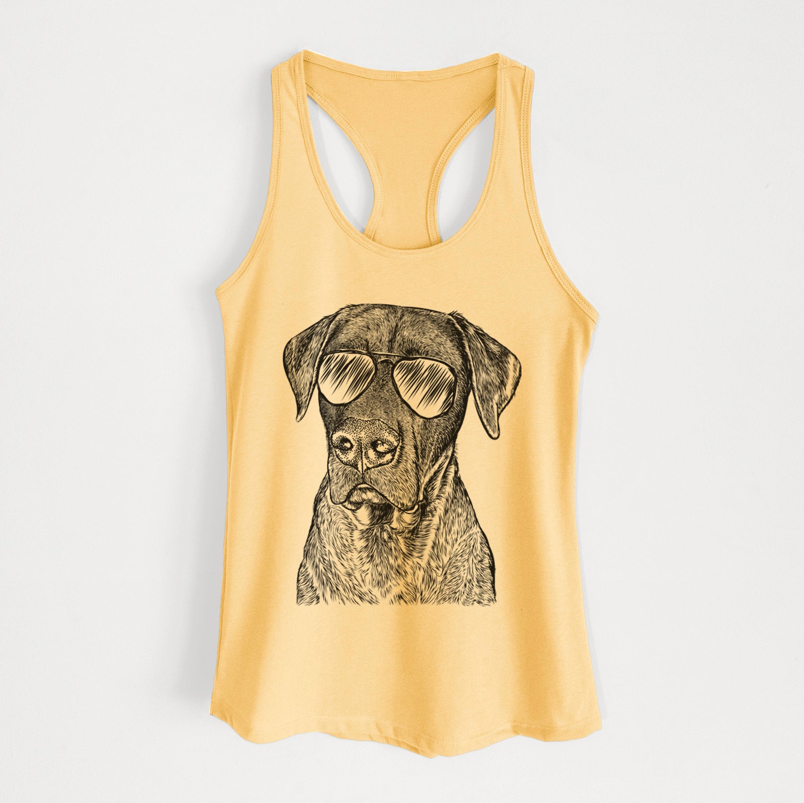 Hand-drawn sketch of David the Boxador wearing aviator sunglasses on a Banana Cream Women's racerback tanktop