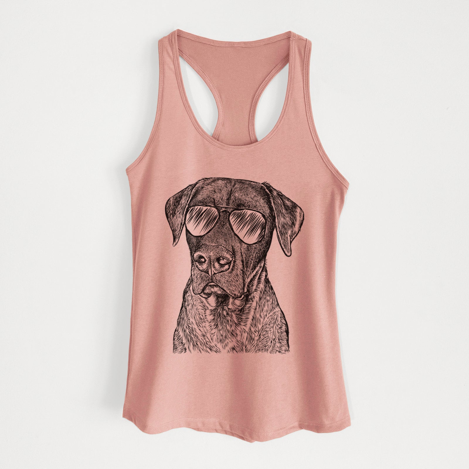 Hand-drawn sketch of David the Boxador wearing aviator sunglasses on a Desert Pink Women's racerback tanktop