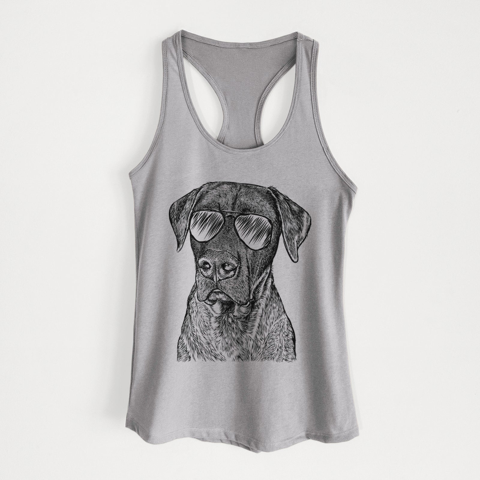 Hand-drawn sketch of David the Boxador wearing aviator sunglasses on a Heather Grey Women's racerback tanktop