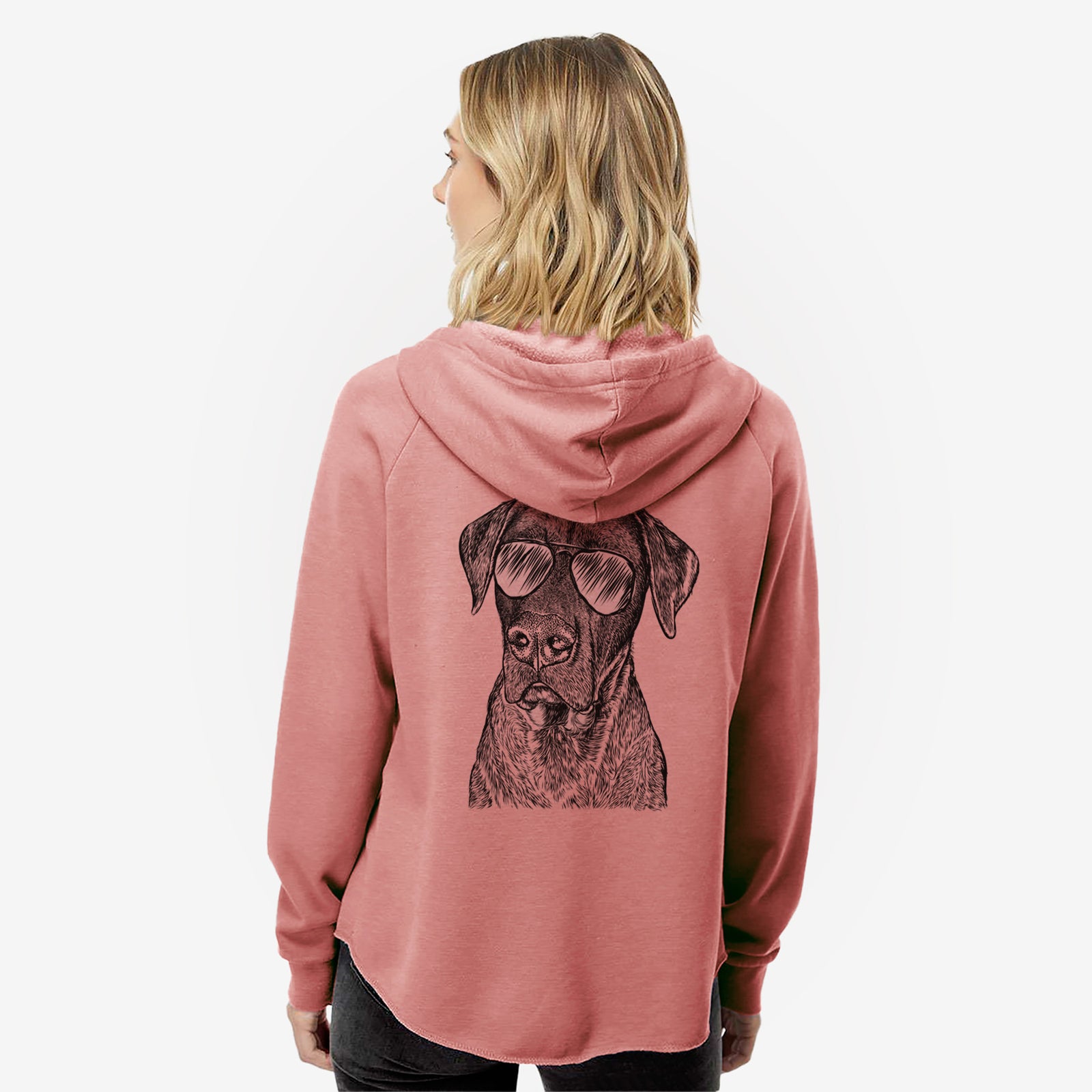 Hand-drawn sketch of David the Boxador wearing aviator sunglasses on a Dusty Rose Women's cali wave zip-up sweatshirt