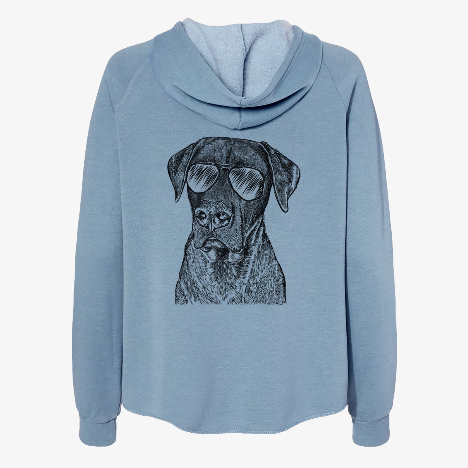 Hand-drawn sketch of David the Boxador wearing aviator sunglasses on a Misty Blue Women's cali wave zip-up sweatshirt