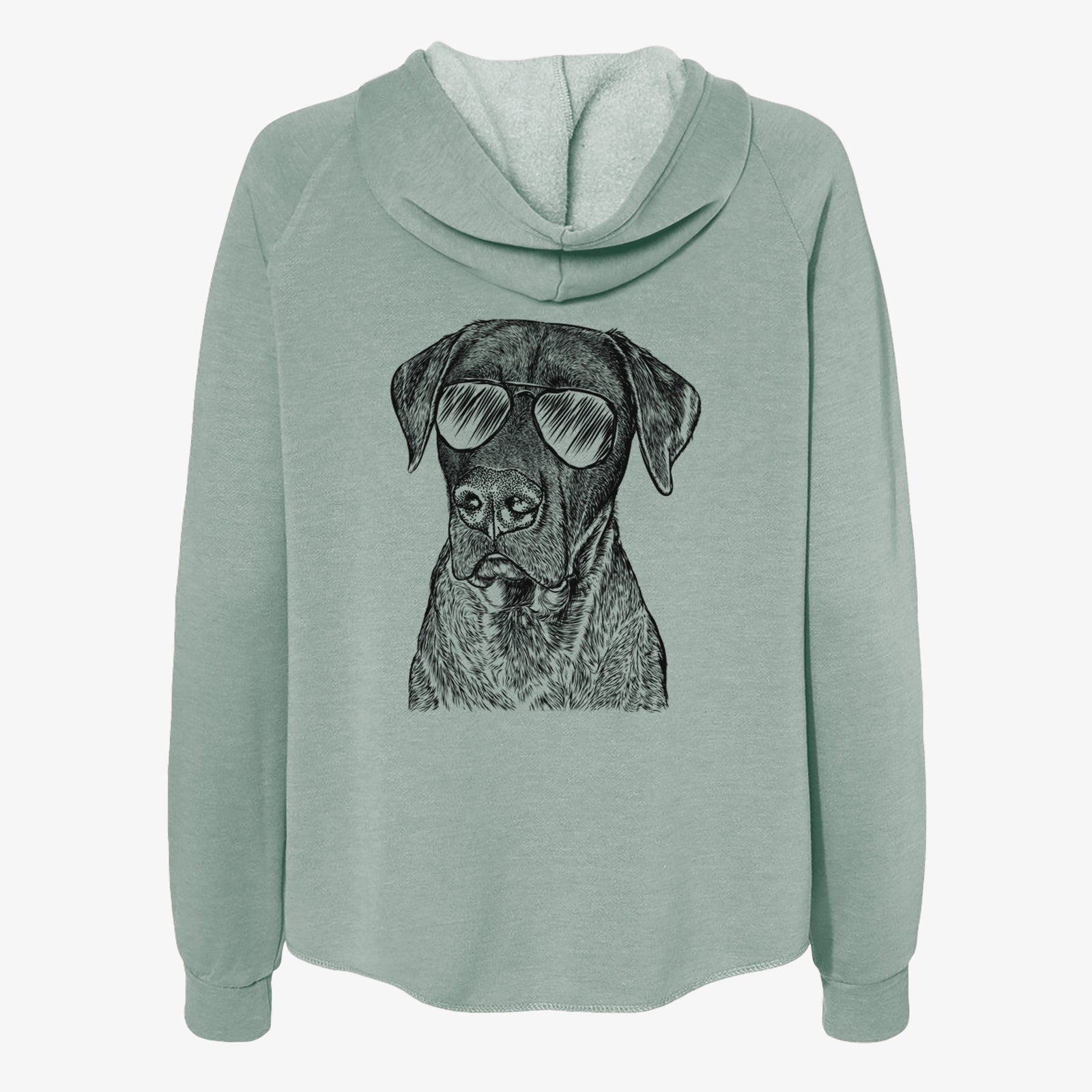 Hand-drawn sketch of David the Boxador wearing aviator sunglasses on a Sage Women's cali wave zip-up sweatshirt