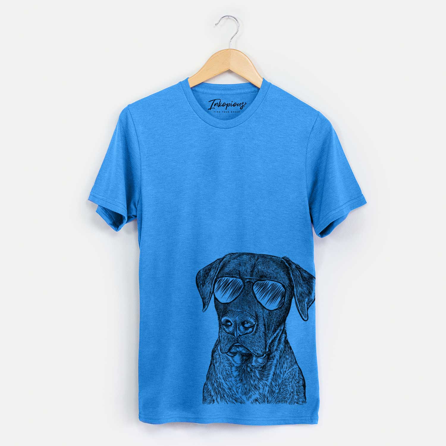 Hand-drawn sketch of David the Boxador wearing aviator sunglasses on a Blue Unisex crewneck