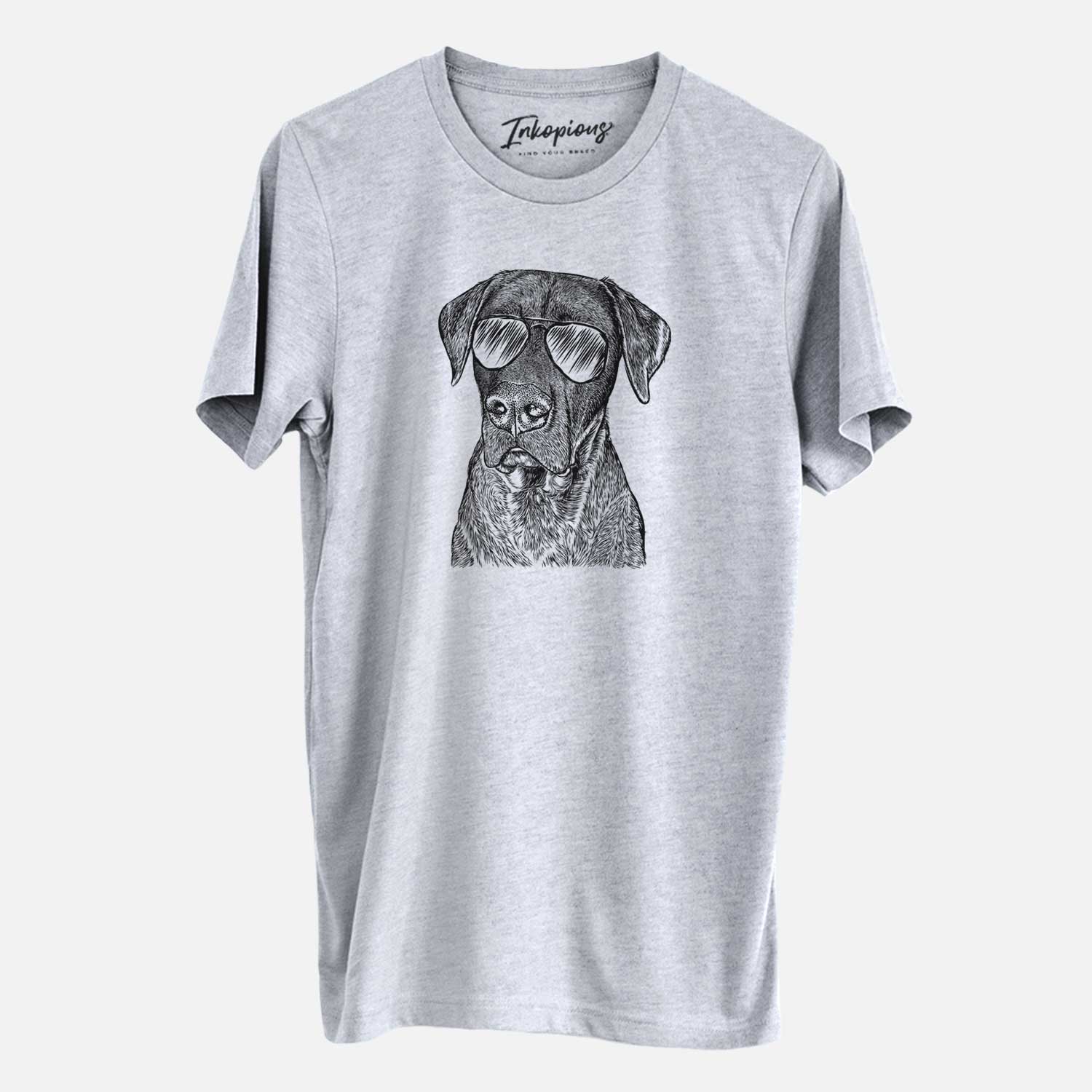 Hand-drawn sketch of David the Boxador wearing aviator sunglasses on a Grey Unisex crewneck
