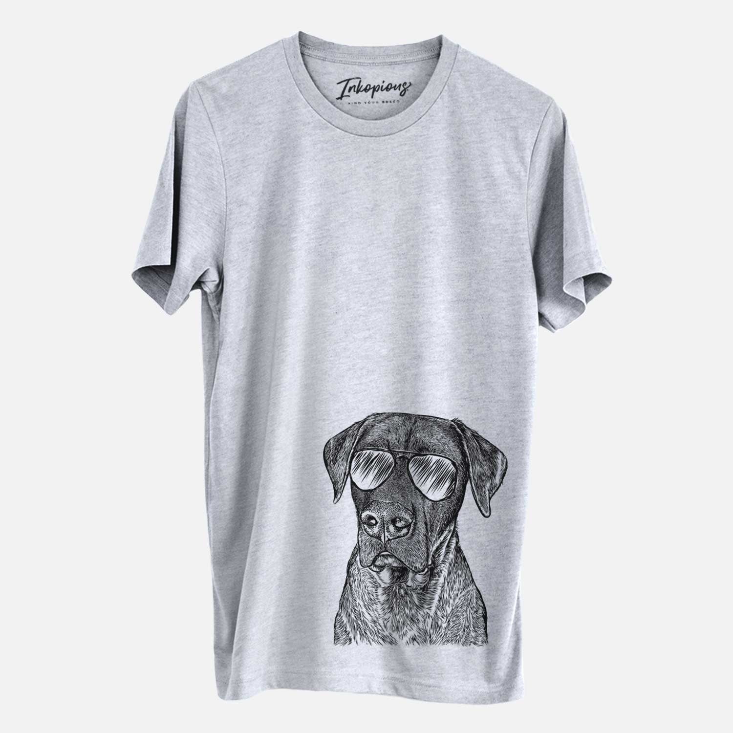 Hand-drawn sketch of David the Boxador wearing aviator sunglasses on a Grey Unisex crewneck