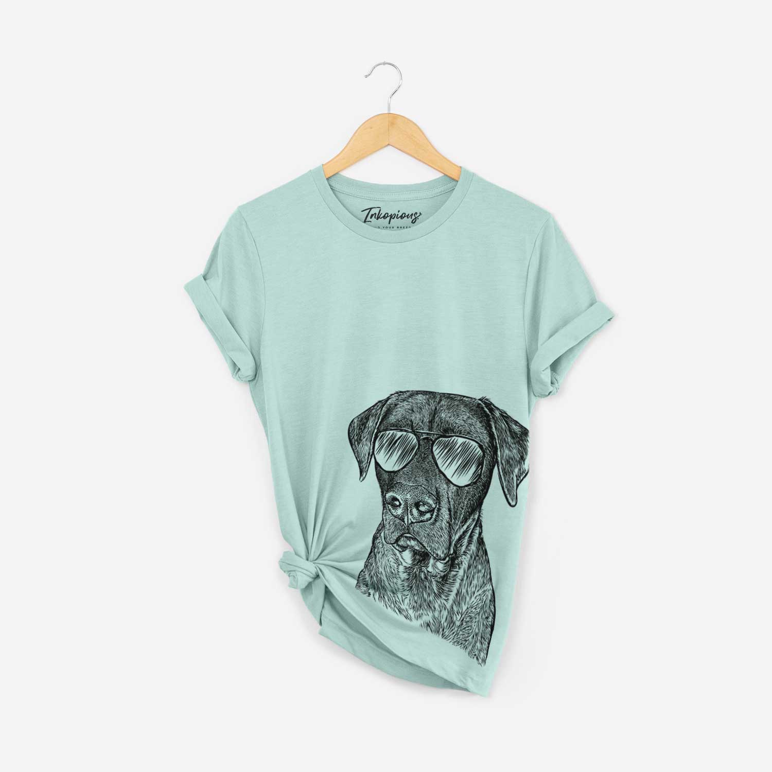Hand-drawn sketch of David the Boxador wearing aviator sunglasses on a Heather Sage Bella Canvas Unisex Crewneck