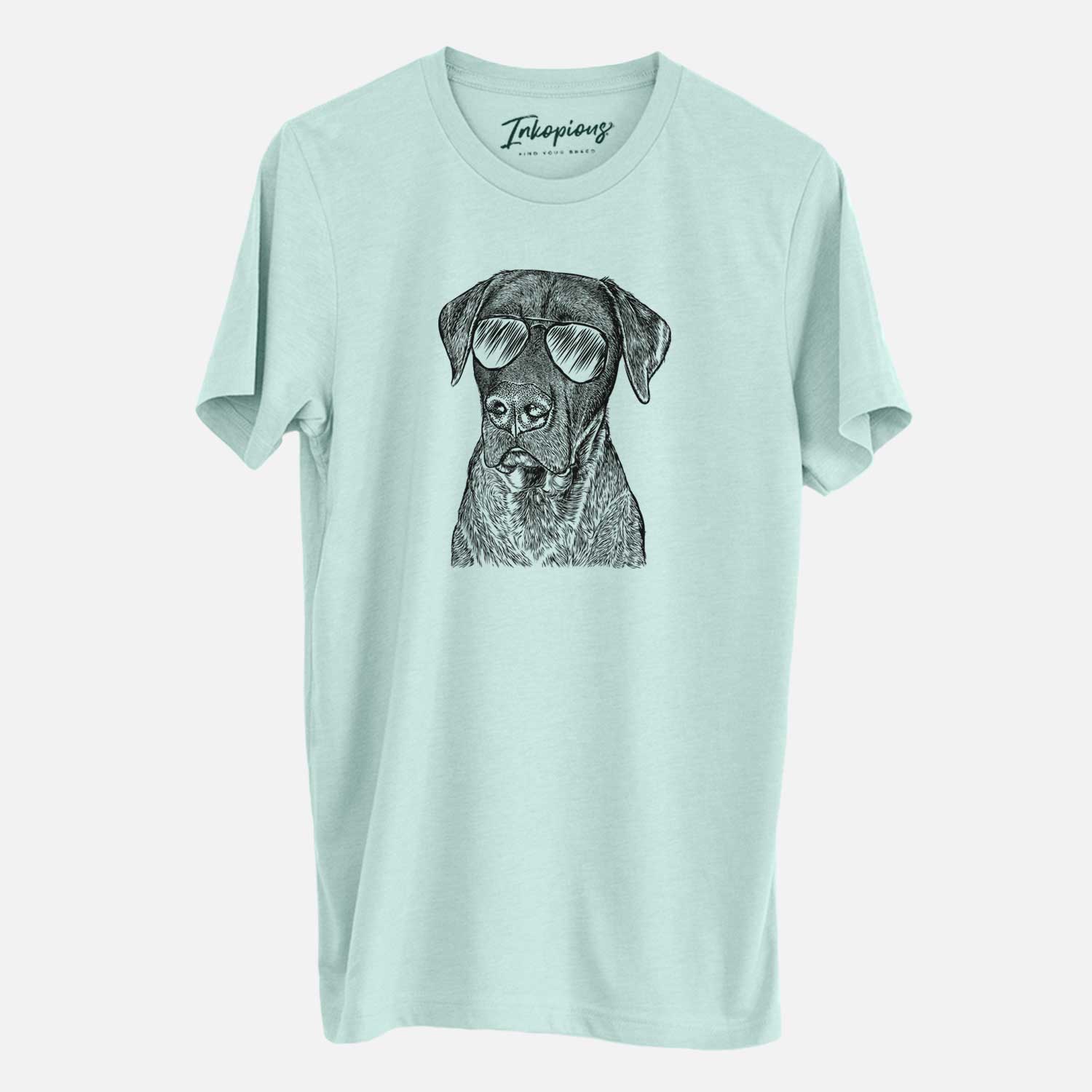 Hand-drawn sketch of David the Boxador wearing aviator sunglasses on a Heather Sage Unisex crewneck