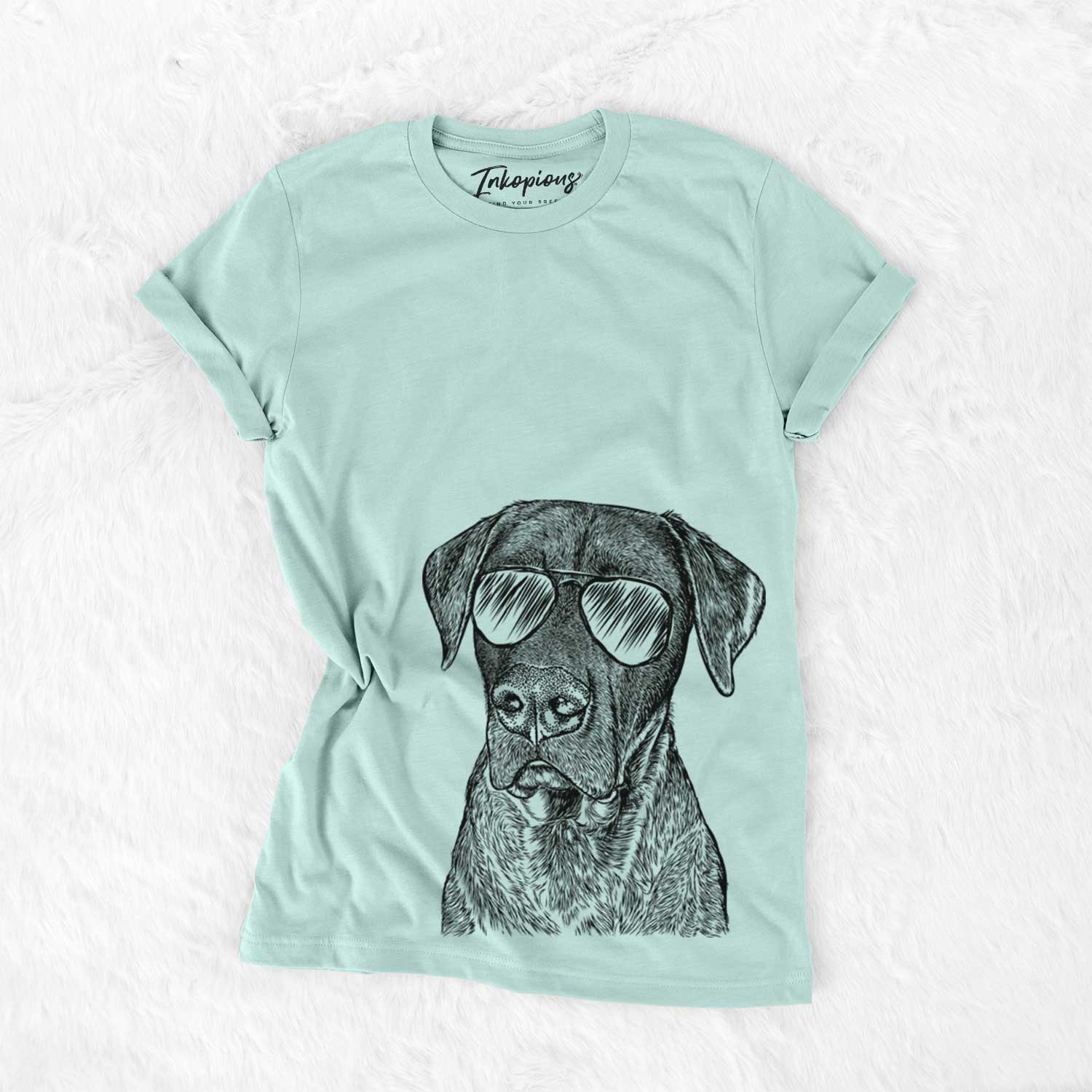 Hand-drawn sketch of David the Boxador wearing aviator sunglasses on a Heather Sage Unisex crewneck