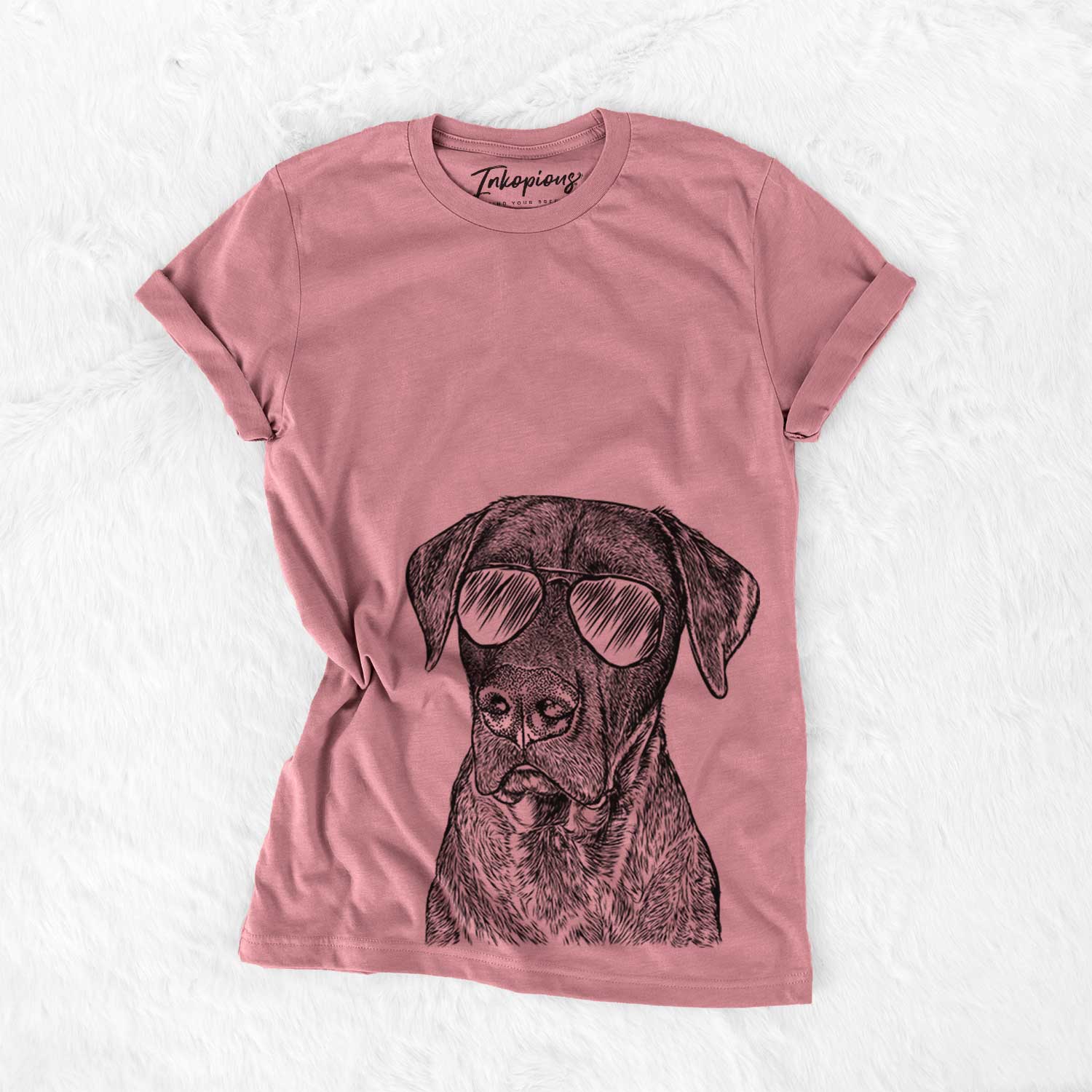 Hand-drawn sketch of David the Boxador wearing aviator sunglasses on a Mauve Bella Canvas Unisex Crewneck
